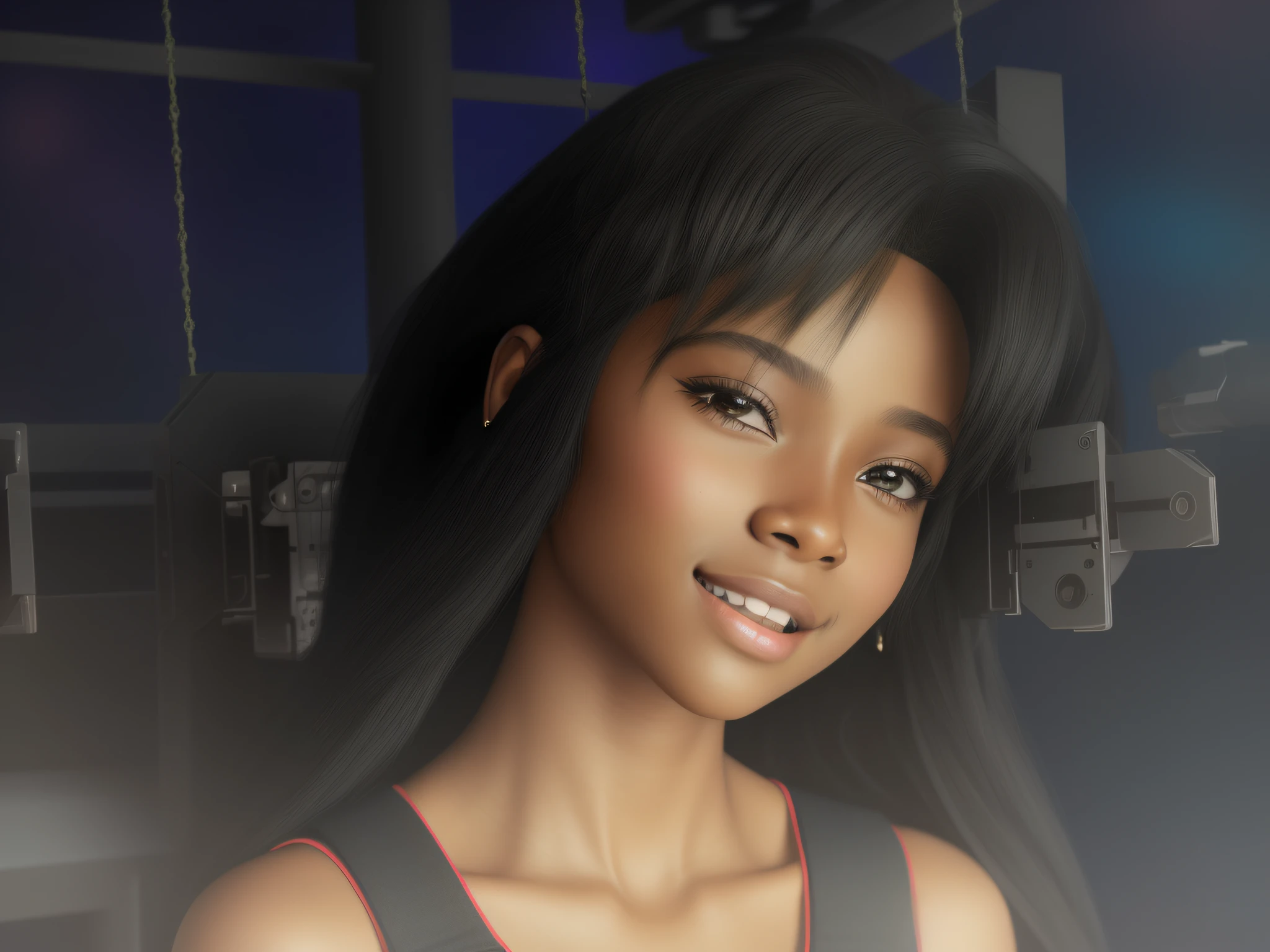 realism portrait of a 3  girl ((dark skin color)) cute, afro-futuristic, cute smile, ((on a swing)), wearing colorful T-shirt and jeans, current fashion, long hair tied up, ((bracelet , earrings)), background dark lighting, close-up, product view, detailed facial details, perfect face, sharpness, trend art, sharp facial details, cgsociety, ultra high quality digital art, hyper exquisite details, 4k, 8k lighting smooth, --iso 100 dreamy, fashion -