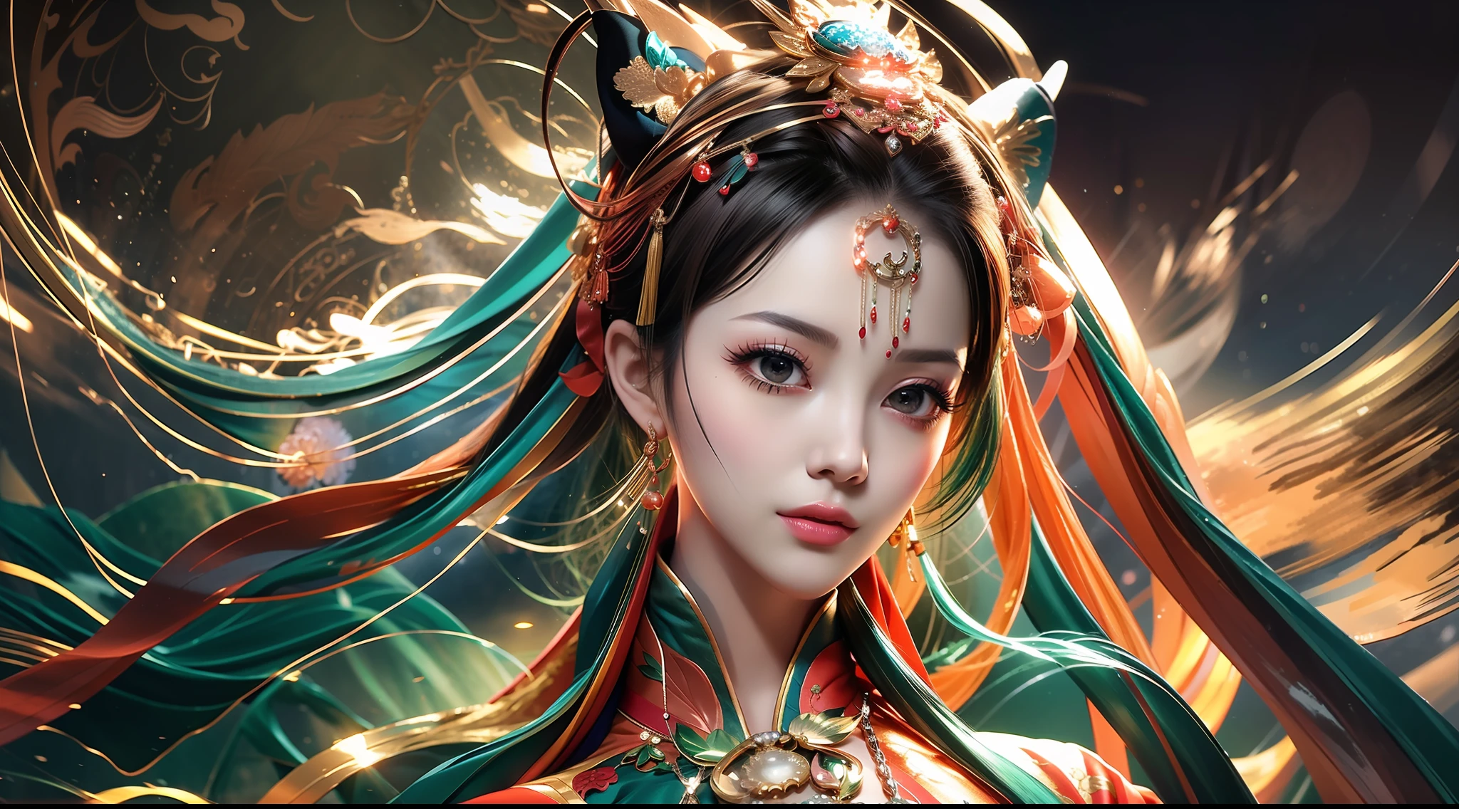 1 woman, Chinese style, beautiful face, straight features, fair and moist skin, large and bright eyes, long eyelashes slightly upturned, high nose bridge, plump and bright lips, long and black hairstyle, usually tied into a high ball head, hair sometimes decorated with some ribbons, hairpins, etc., making her more delicate, petite and delicate, curvy, but also very flexible, light and flowing in action, Song Han uniform, light and lively, clothes color is green or orange
