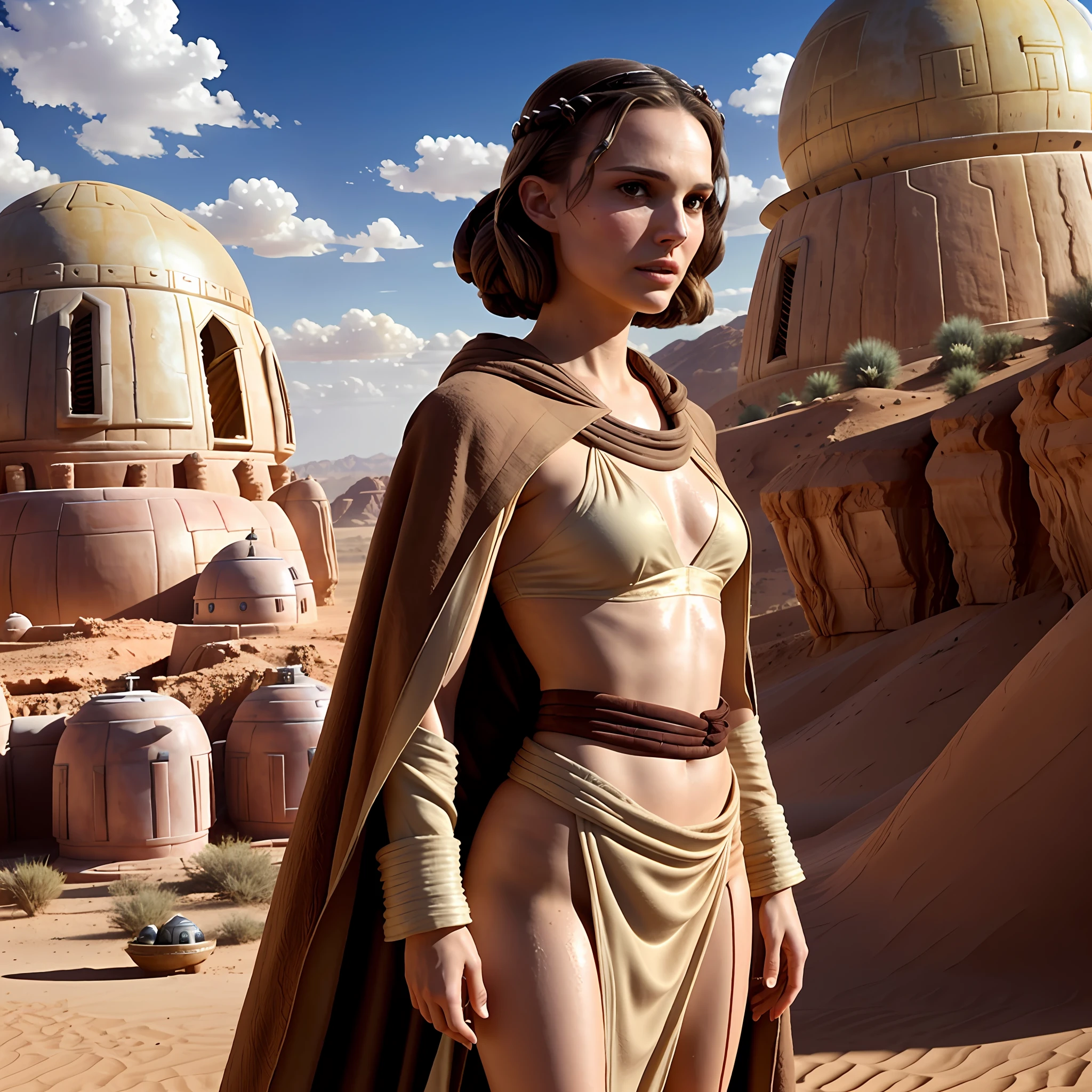 Natalie Portman playing Padmé Amidala, the desert rocky terrain of Tatooine, dripping sweat from the heat, movie look, brown cloth robe, standing looking straight ahead wiping sweat