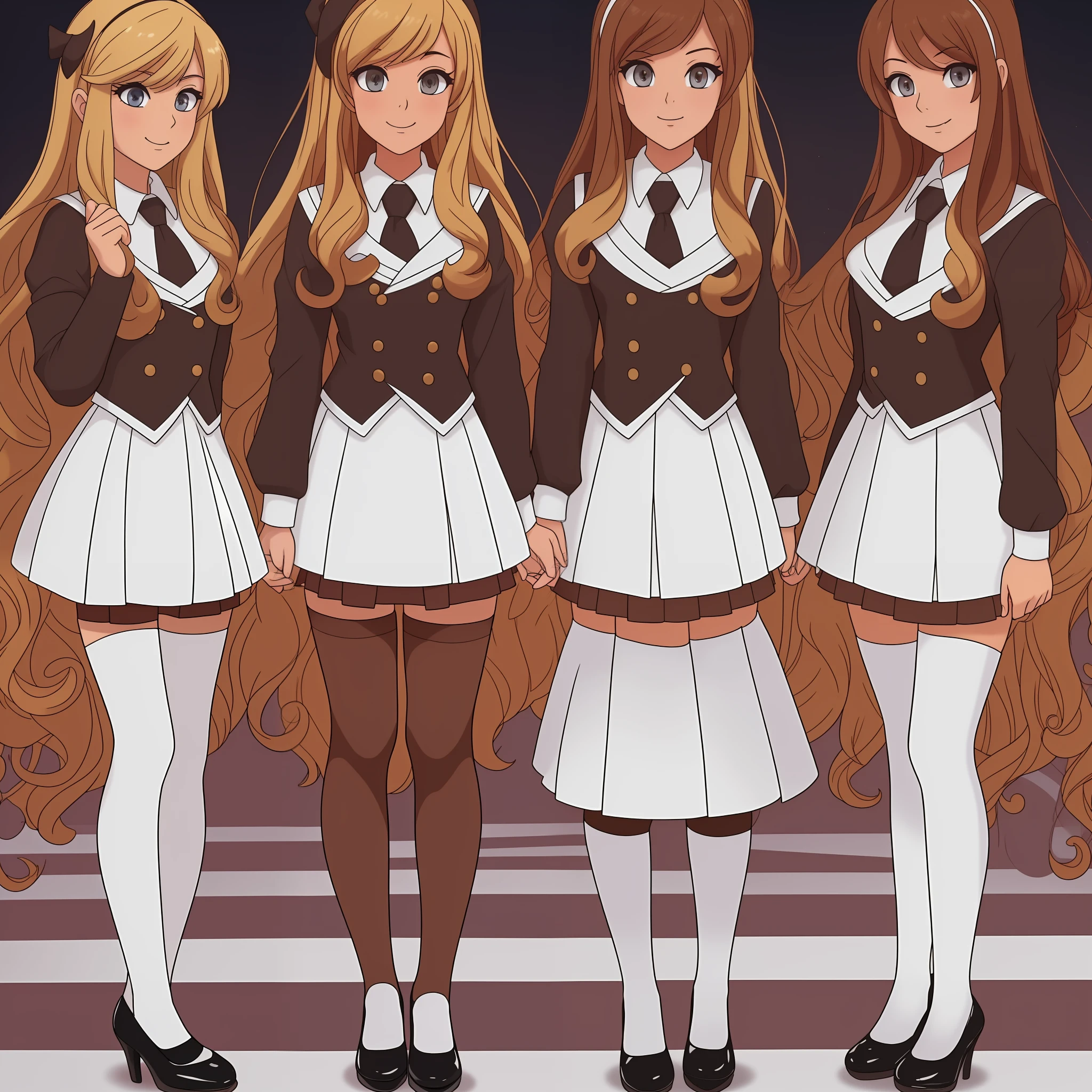 perfect anime illustration, masterpiece, age girls, medium breasts, multiple girls, millions of sisters, thousands of sisters, (((blonde girls, brown haired girls))), same age sisters, rich sexy schoolgirls, brown hair, blonde hair, curly hair, long hair, different hair colors, hazel eyes, smiling, white skin, (((red school uniform, white thigh high socks, black high heels))), matching outfits, highres, full body, crowd of sisters, neat rows of sisters, neat columns of sisters, sisters standing in formation, sisters in background