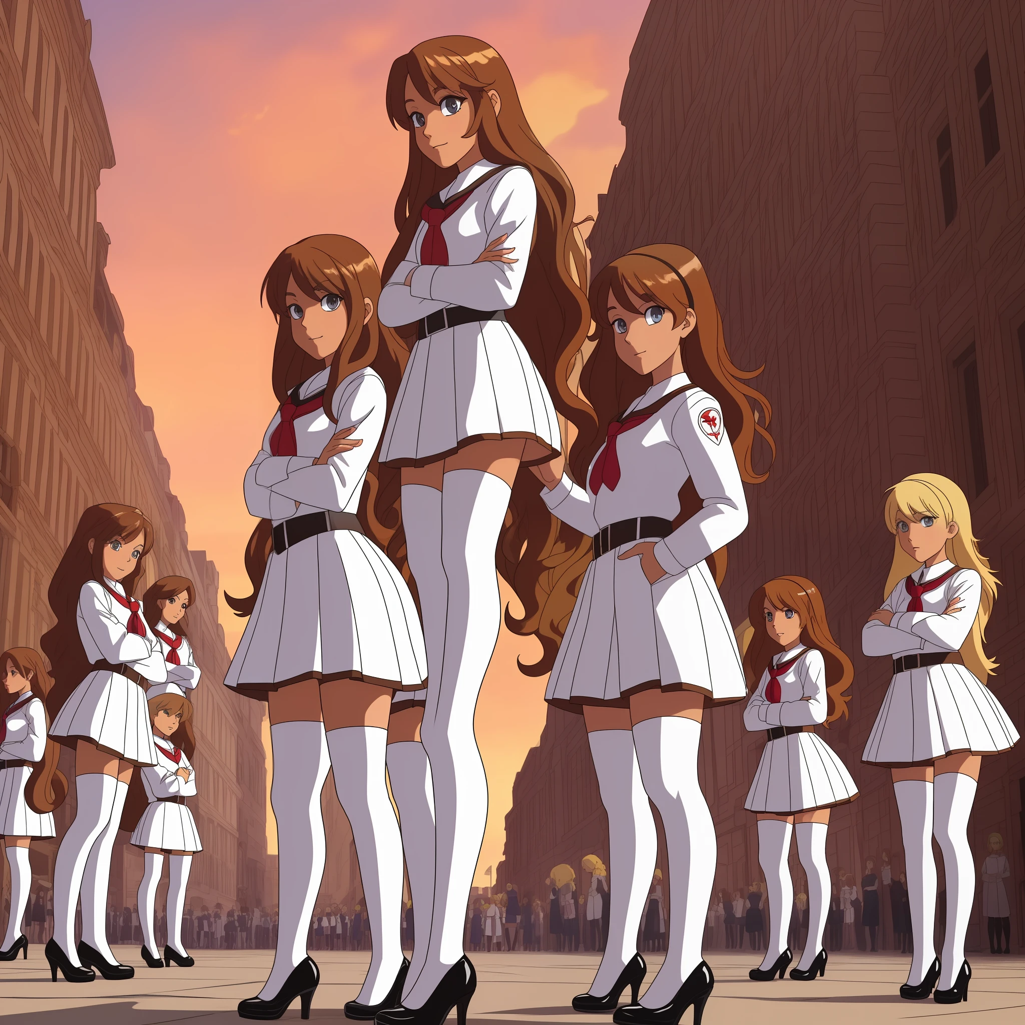perfect anime illustration, masterpiece, teenage girls, medium breasts, multiple girls, millions of sisters, thousands of sisters, (((blonde girls, brown haired girls))), same age sisters, rich sexy schoolgirls, brown hair, blonde hair, curly hair, long hair, different hair colors, hazel eyes, smiling, white skin, (((red school uniform, white thigh high socks, black high heels))), matching outfits, highres, full body, crowd of sisters, neat rows of sisters, neat columns of sisters, sisters standing in formation, sisters in background