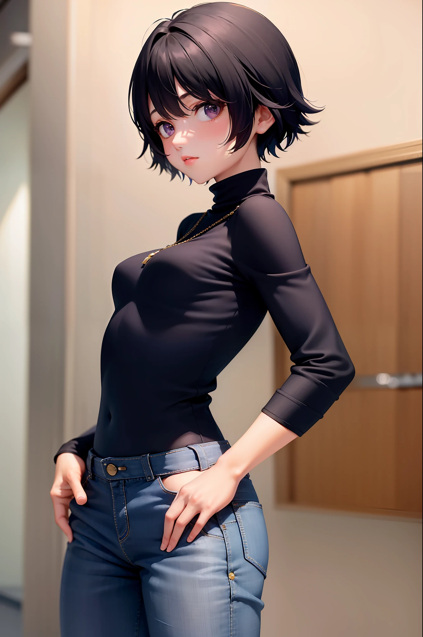 (masterpiece, best quality:1.2), Very short short hair, short hair, from behind, Solo, 1 girl, Small breasts, small buttocks, purple drops, expressionless, Look back, Look at the beholder, Brown eyes, Black hair, Black turtleneck, Jeans