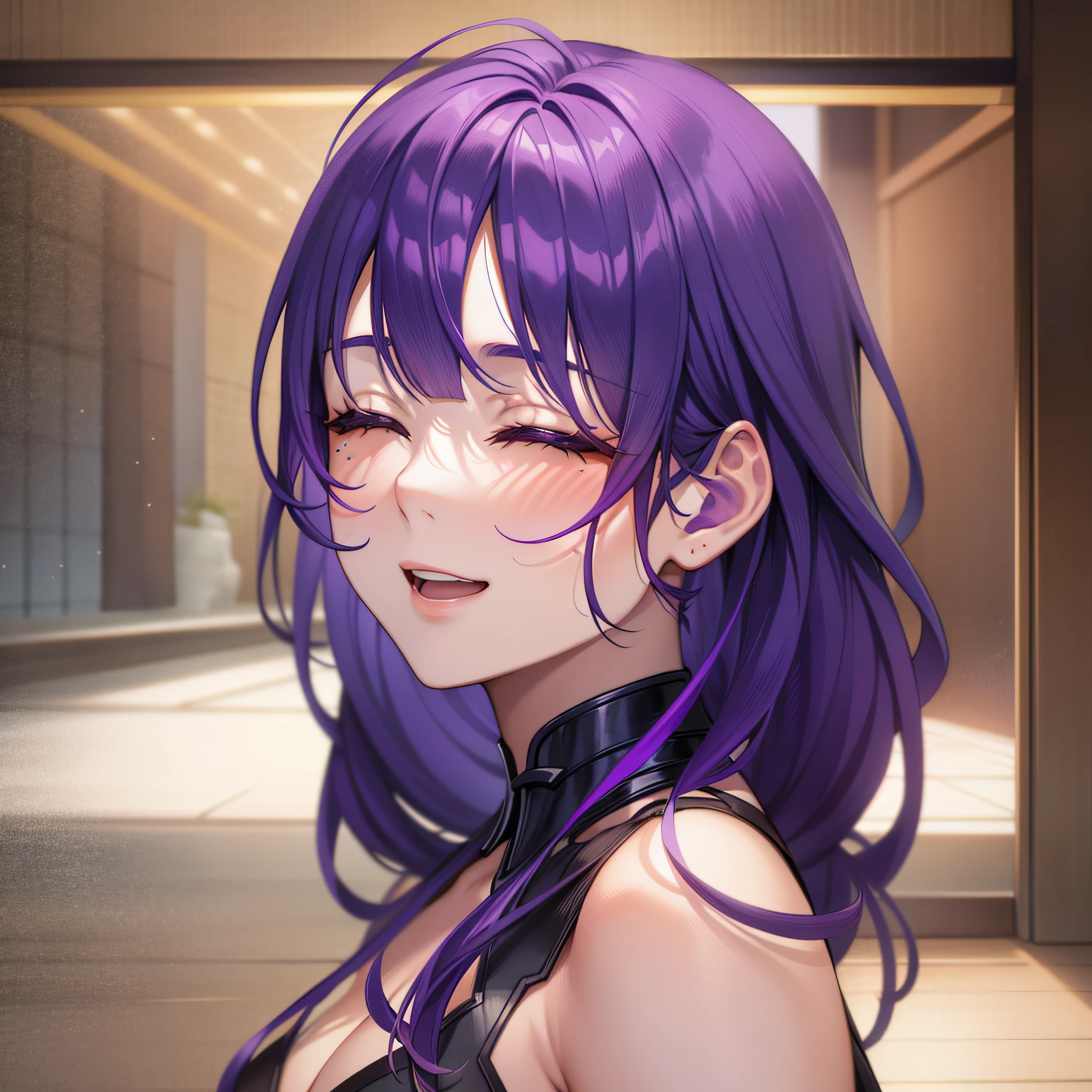 raiden shougn, purple hair, closed eyes, a girl laughing, open mouth, with an orange background, portrait