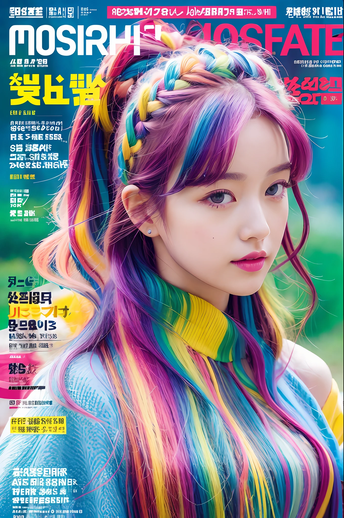 masterpiece, best quality, spring outfit, colorful hair, outdoor, magazine cover ,upper body,