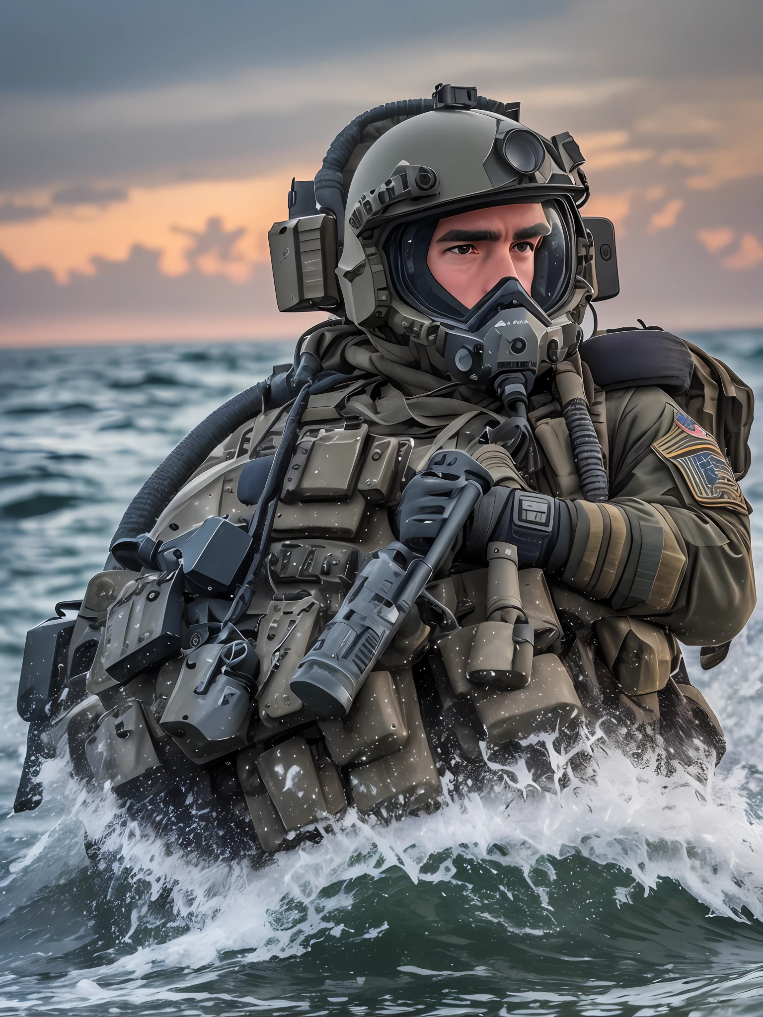 a navy seal team + american army + fighting at the sea + against aliens + 2060 + cinematographic light + Sony AX4000 + lightroom + incredible details + ultrarealistic + 16k --auto --s2