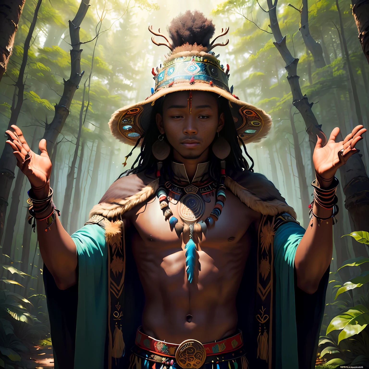 (best quality), (super good quality), (masterpiece), illustration, (young), in the forest, shaman, black skin, wearing a combination of black and red clothing shaman decoration, prayingaring shaman's decoration, praying