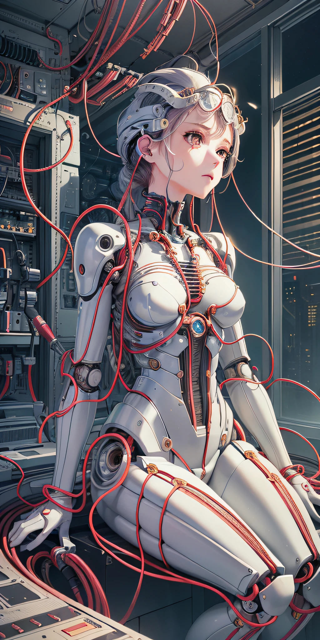 (((masterpiece))), ((((best quality)))), (((ultra-detailed))), (highly detailed CG illustration), ((an extremely delicate and beautiful)),(cute delicate face),cinematic light,((1mechanical girl)),solo,full body,(machine made joints:1.4),((machanical limbs)),(blood vessels connected to tubes),((mechanical vertebra attaching to back)),((mechanical cervial attaching to neck)),((sitting)),expressionless,(wires and cables attaching to head and body:1.5),(character focus),science fiction