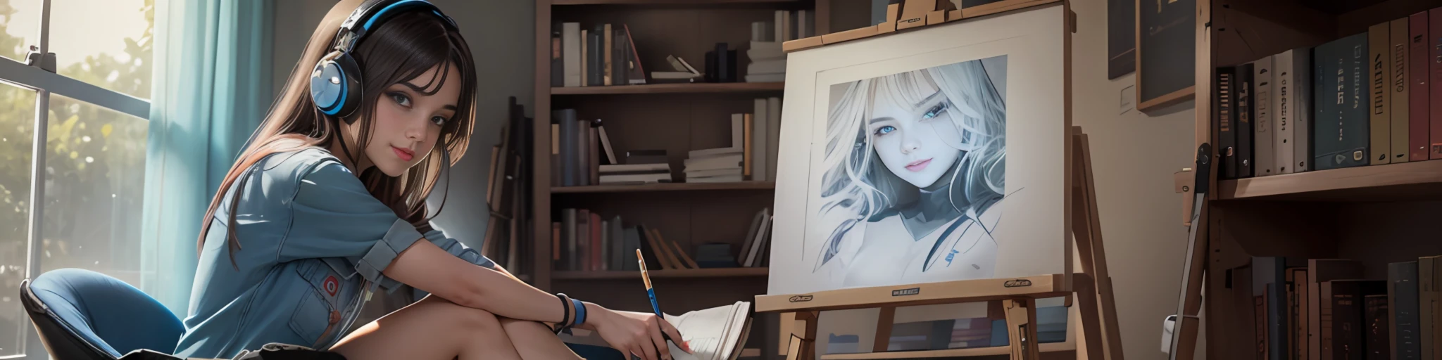 A 25-year-old girl, beautiful, clearly traced eyes, beautiful detailed eyes, a joyful, beautiful smile, in ripped jeans, sneakers, and a blue shirt, wearing headphones, draws lines with a brush on an easel, neon glare around, books on the floor, a bookcase