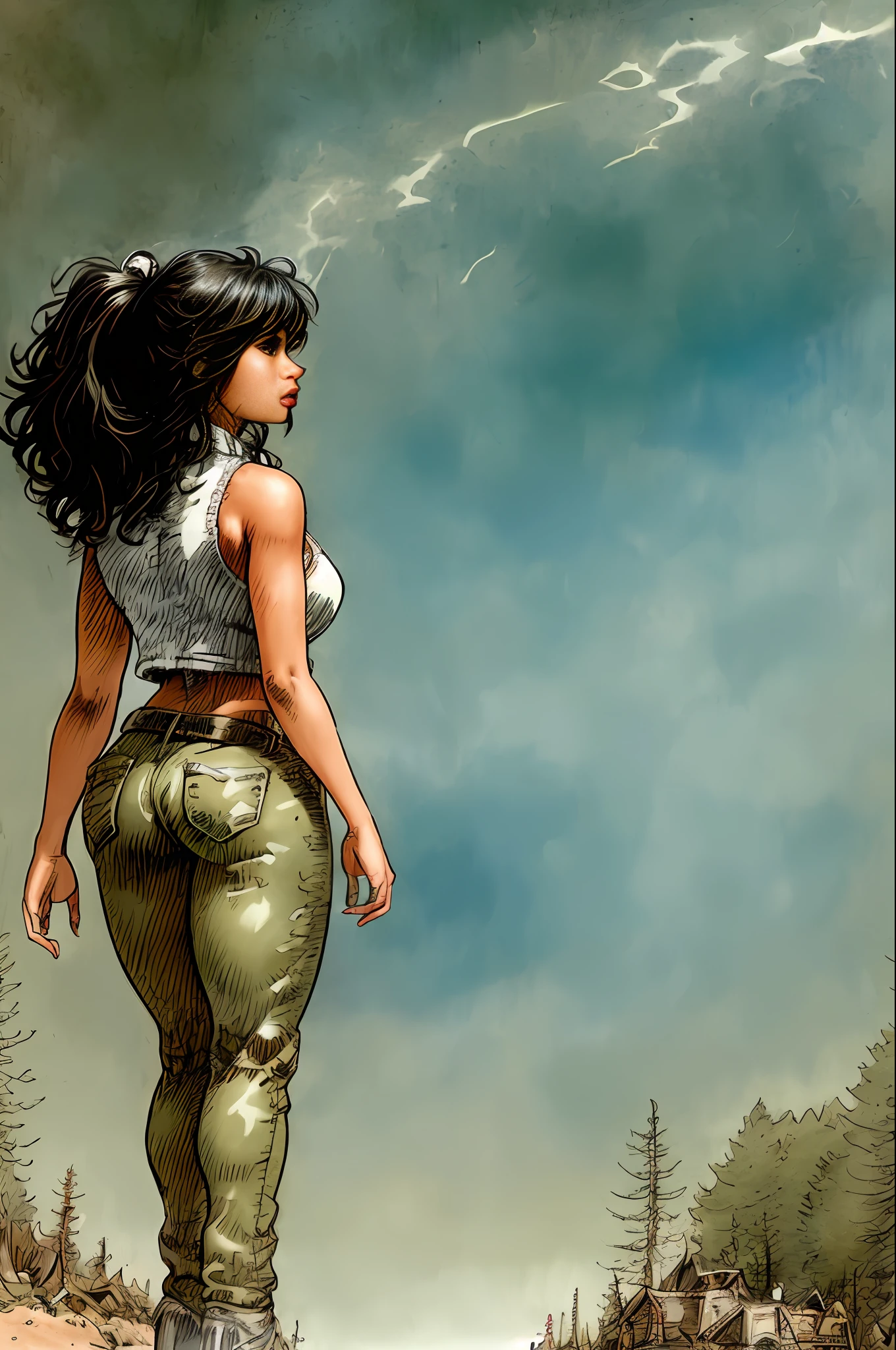 Demi Rose beautiful female figure front,face highlighted,bulky and gorgeous body, ripped and dirty jeans, gorgeous and soon straight black hair with ponytail, voluminous and gorgeous lips, hostiu, stony environment within a forest,The lighting is soft and soft, with soft shadows projected on her skin. she walks with a watchful eye ,The scene is highly detailed,this is a story in the style of comix that begins with Rella, a brave woman who sets out on a journey to save her family in a hostile and polluted world because of an atomic disaster caused by constant human wars. Giant creatures have mutated because of radiation and living is an uncertain matter.