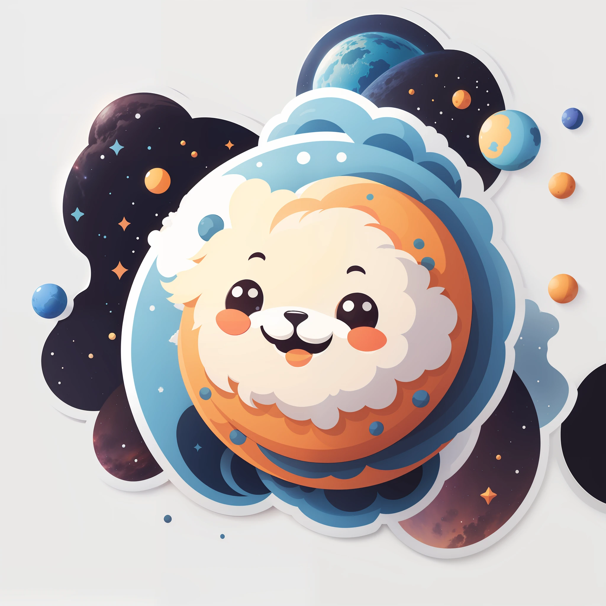 sticker, a smiling Planet, 1 Fluffy Planet, 1character, (simple white background:1.2), 1planet, logo, Fluffy Planet,colorful, Fluffy galaxy