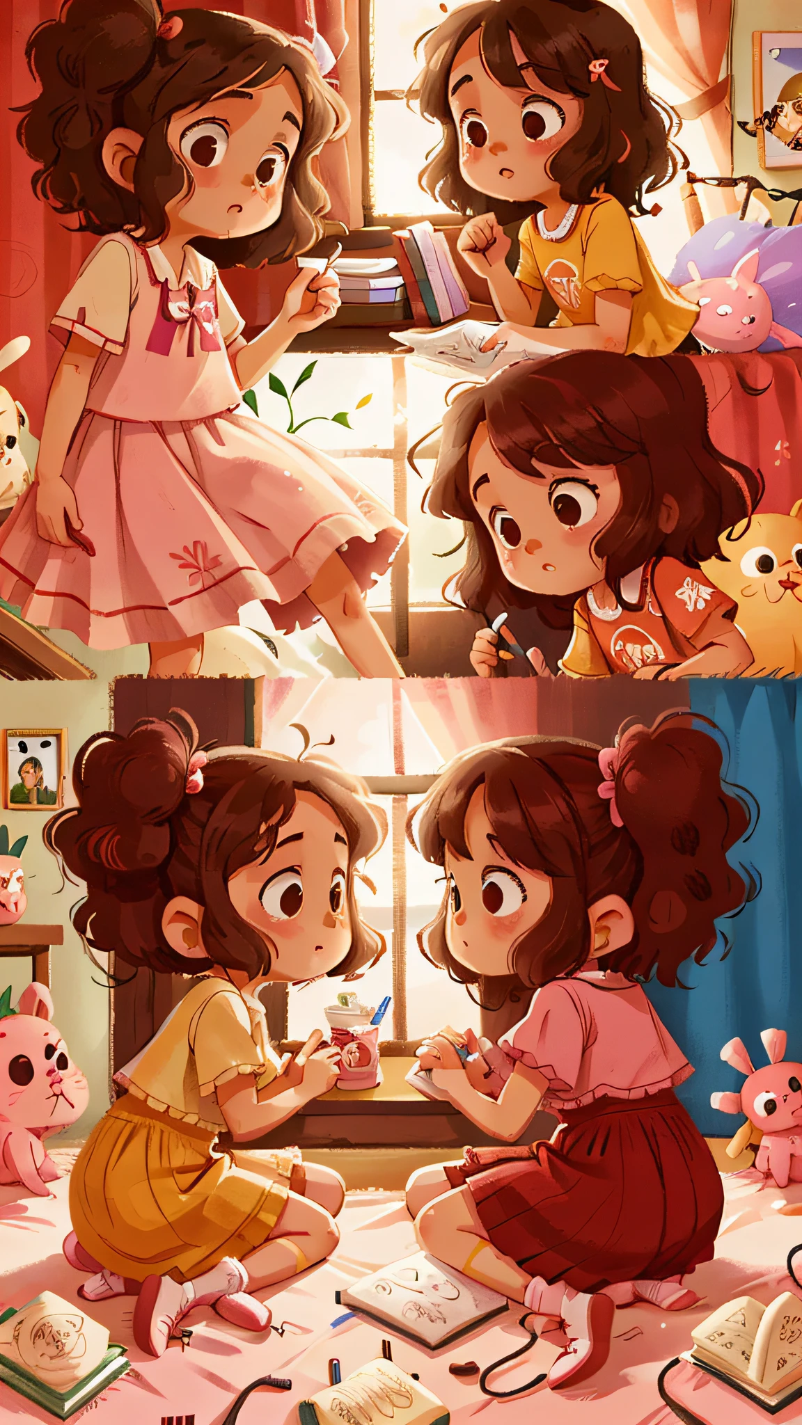 Two girls, twins, curly brown hair, in the bedroom looking at each other in the mirror