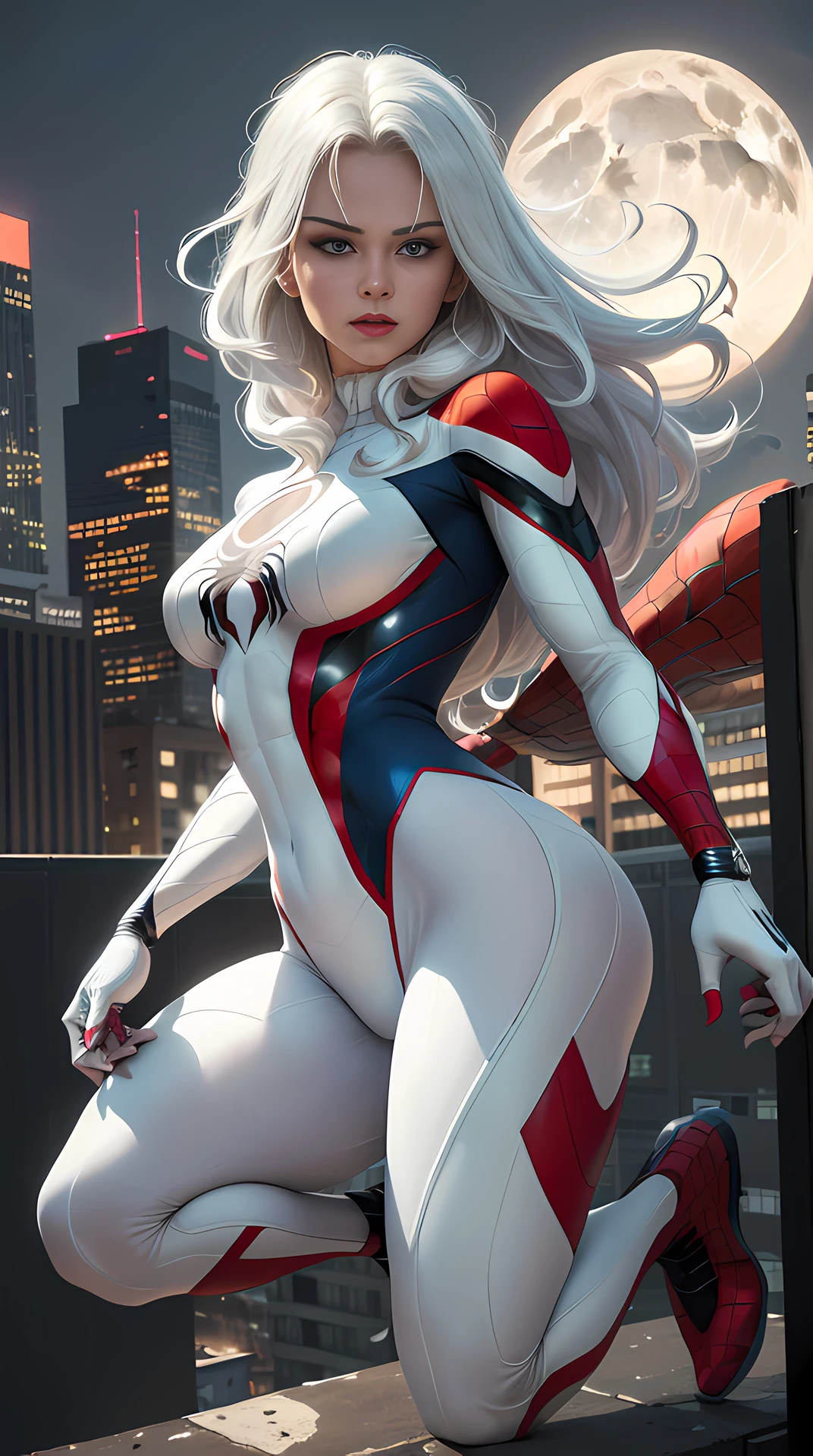 (Masterpiece, 4k resolution, ultra-realistic, very detailed), (White superhero theme, charismatic, there's a girl on top of town, wearing Spider-Man costume, she's a superhero), [ ((25 years), (long white hair:1.2), full body, (blue eyes:1.2), ((Spider-Man pose),show of strength, jumping from one building to another), ((sandy urban environment):0.8)| (cityscape, at night, dynamic lights), (full moon))] # Explanation: The Prompt mainly describes a 4K painting of ultra-high definition, very realistic, very detailed. It shows a superheroine at the top of the city, wearing a Spider-Man costume. The theme in the painting is a white superhero theme, the female protagonist has long white hair, is 25 years old and her entire body is shown in the painting. In terms of portraying the actions of superheroines, spiders are employed