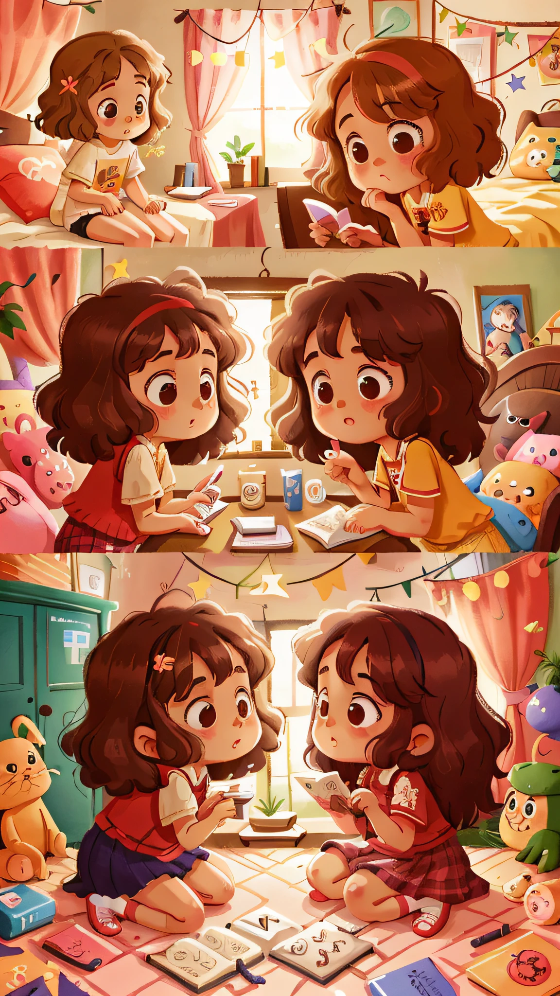 Two girls, twins, curly brown hair, in the bedroom looking at each other in the mirror