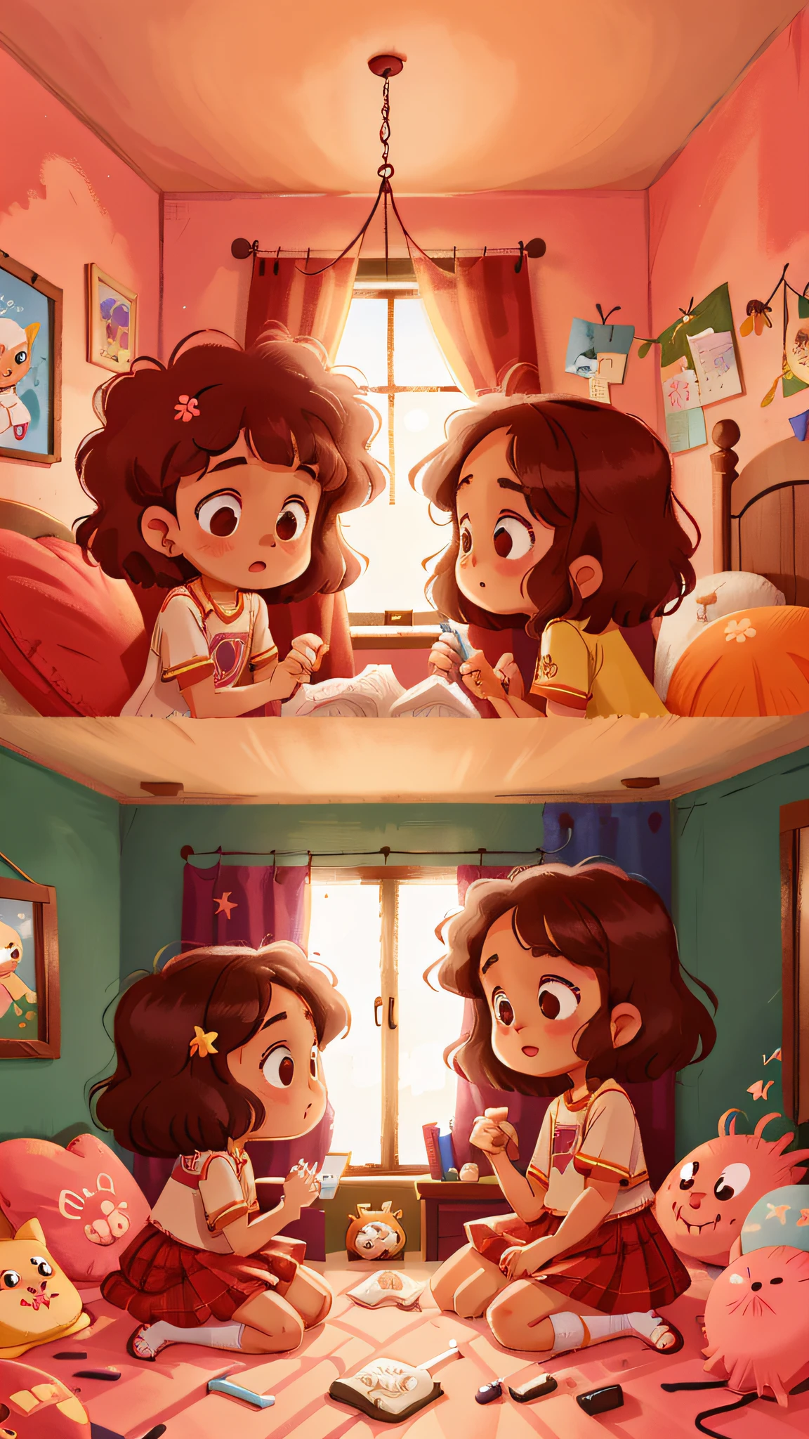 Two girls, twins, curly brown hair, in the bedroom looking at each other in the mirror