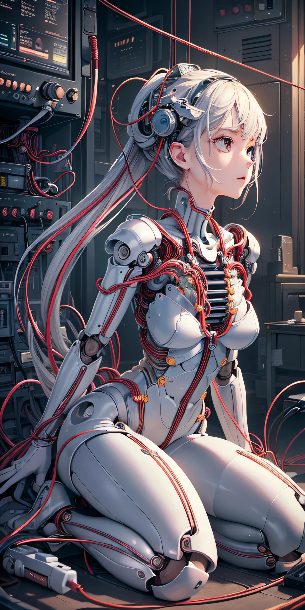 (((masterpiece))), ((((best quality)))), (((ultra-detailed))), (highly detailed CG illustration), ((an extremely delicate and beautiful)),(cute delicate face),cinematic light,((1mechanical girl)),solo,full body,(machine made joints:1.4),((machanical limbs)),(blood vessels connected to tubes),((mechanical vertebra attaching to back)),((mechanical cervial attaching to neck)),((sitting)),expressionless,(wires and cables attaching to head and body:1.5),(character focus),science fiction