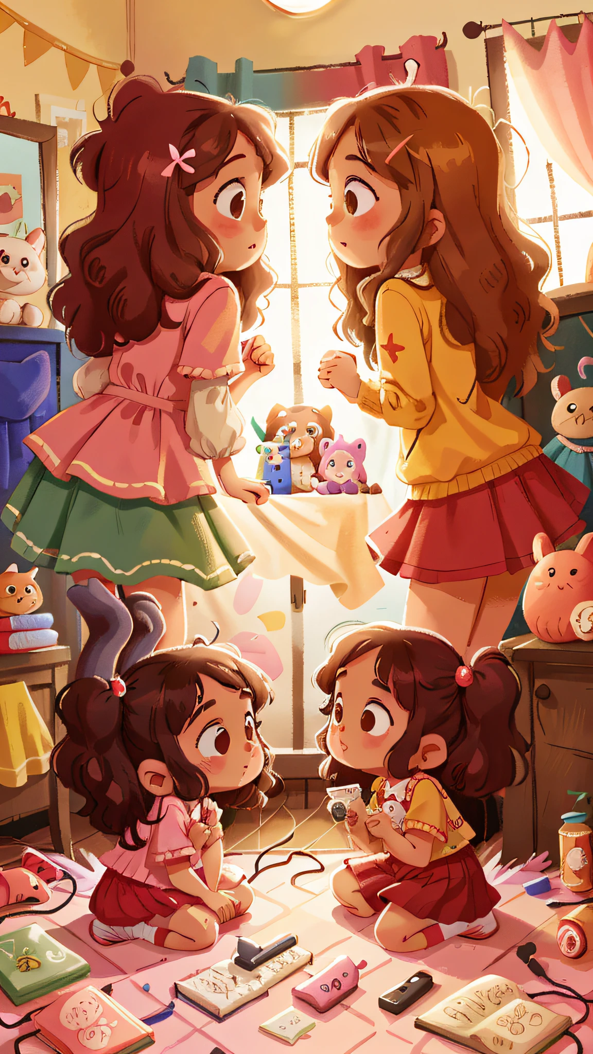 Two girls, twins, curly brown hair, in the bedroom looking at each other in the mirror