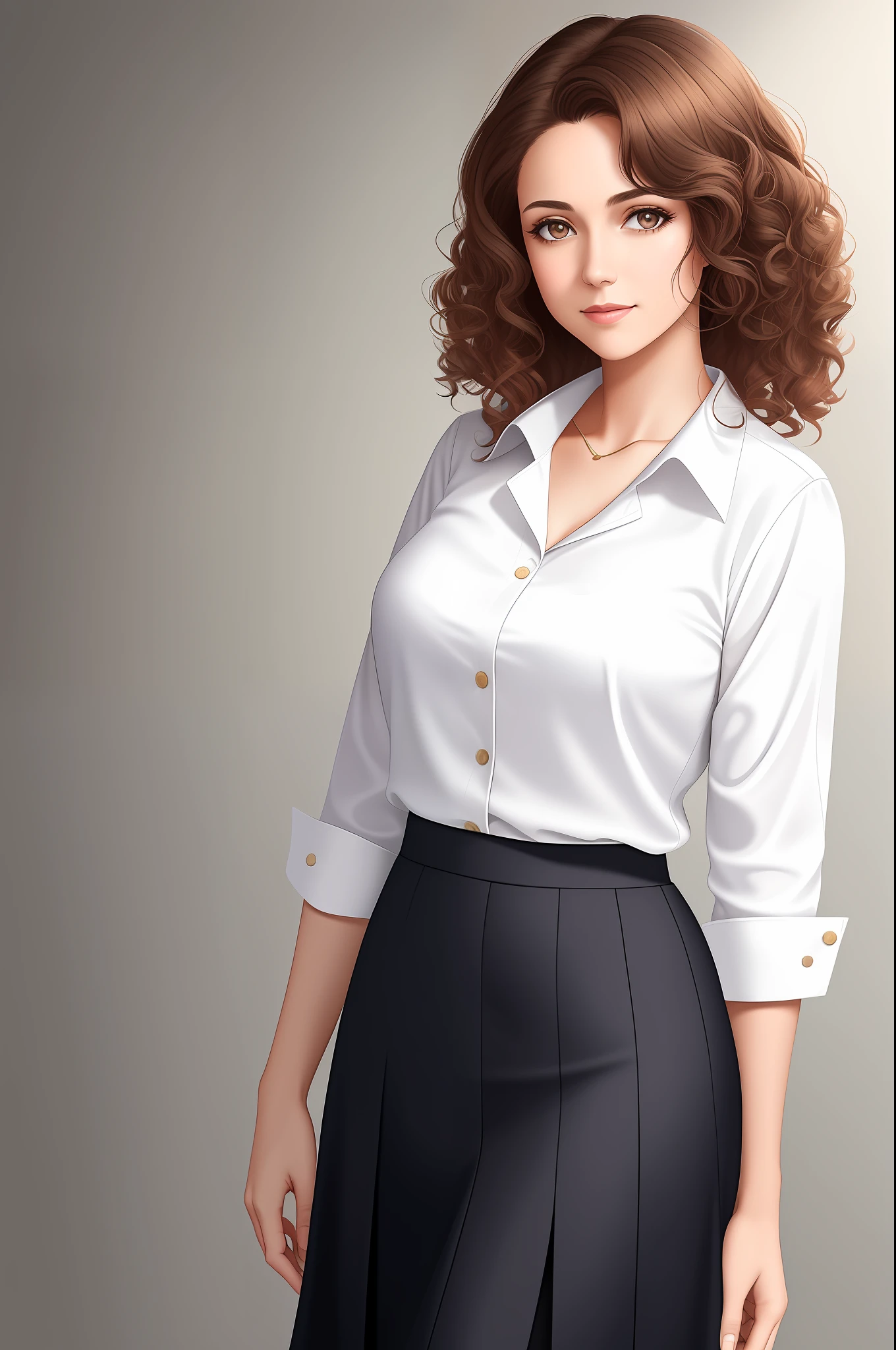 a woman in teacher outfit poses for a picture in a studio setting with a neutral background and a neutral backdrop, curly brown hair, white blouse, tan skirt, ultra realistic digital art, a character portrait, photorealism