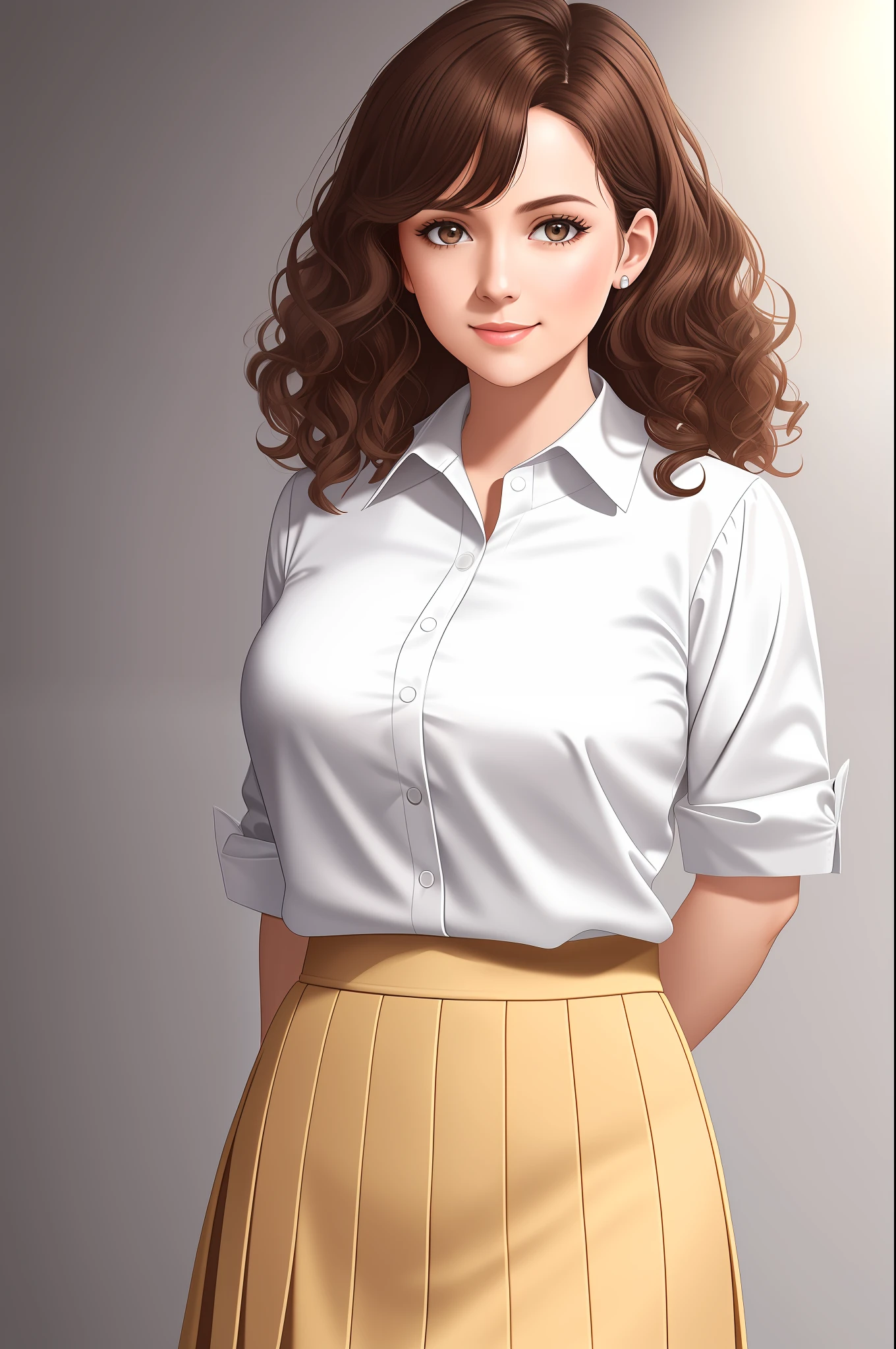 a woman in teacher outfit poses for a picture in a studio setting with a neutral background and a neutral backdrop, curly brown hair, white blouse, tan skirt, ultra realistic digital art, a character portrait, photorealism