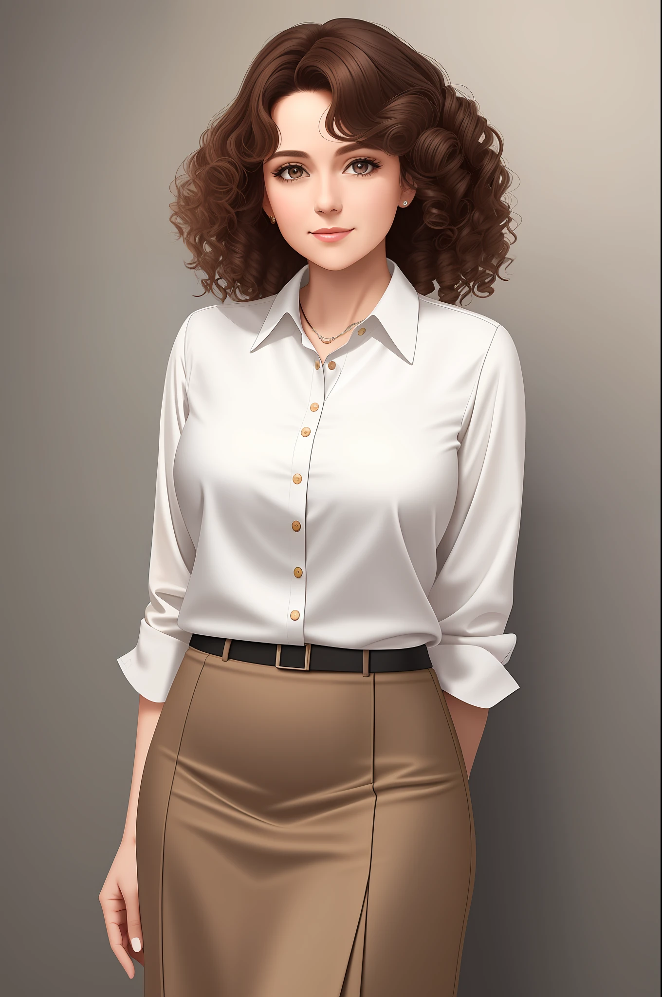a woman in teacher outfit poses for a picture in a studio setting with a neutral background and a neutral backdrop, curly brown hair, white blouse, tan skirt, ultra realistic digital art, a character portrait, photorealism