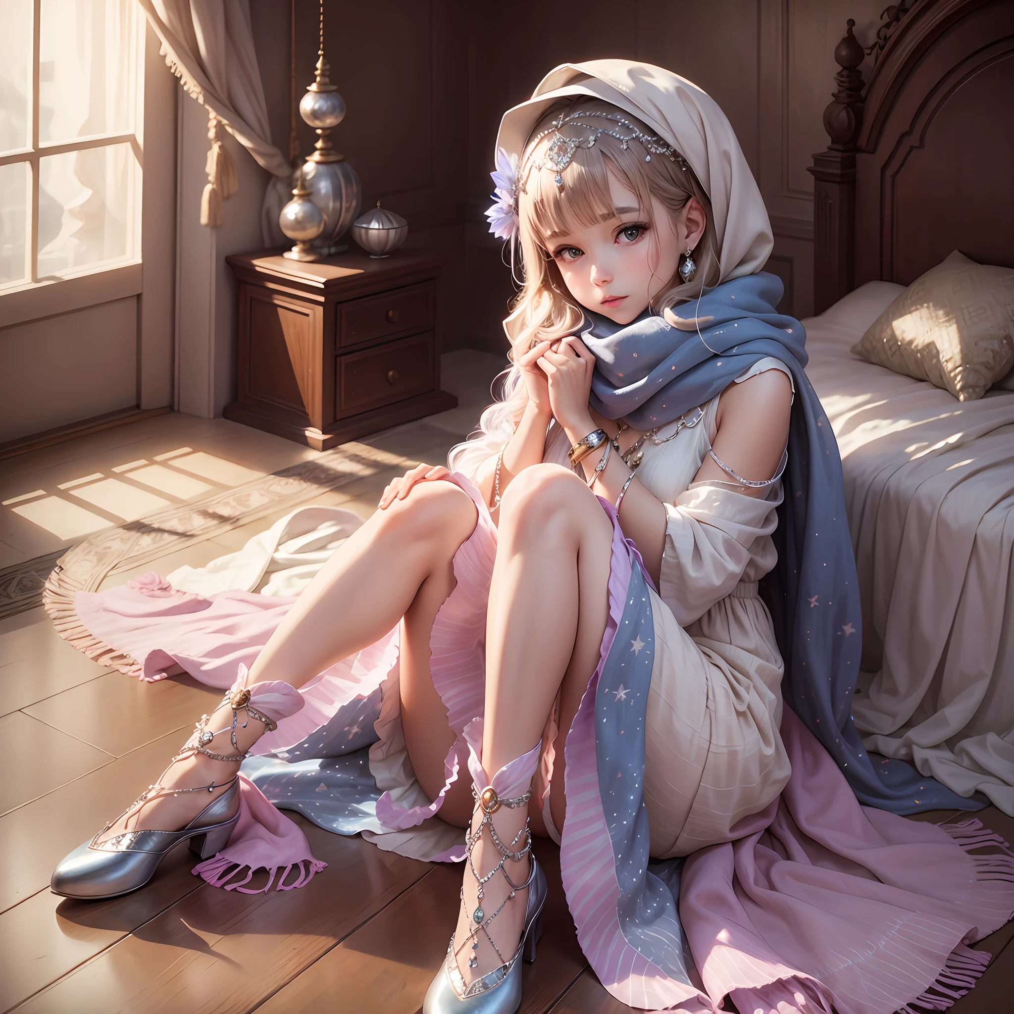 Dress, dreamy scarf loose wrap, crystal shoes, moon ornaments on the head, radiant light. Rhythm rhymes --auto --s2