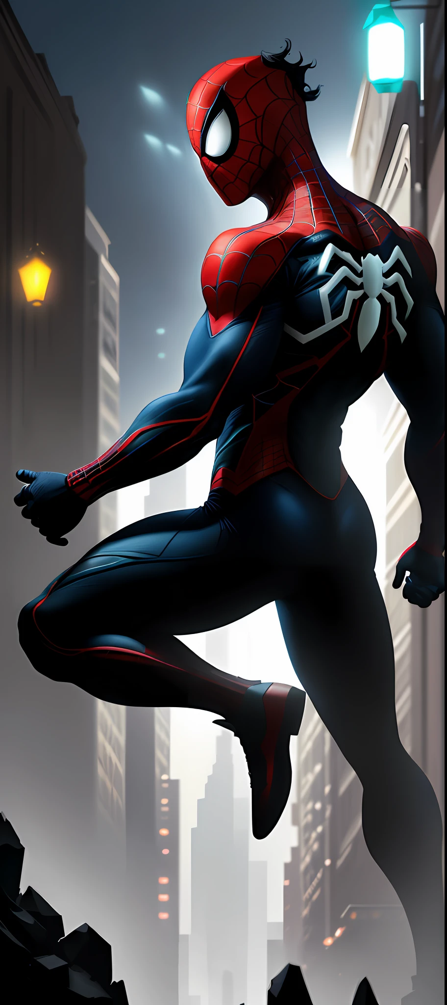 Spider-man on spider back, white and black costume, (night town background), spider and webs, full body, dynamic pose, hyper-detailed painting, luminism, bar lighting, complex conceptual art portrait and 4k resolution by Greg Rutkowski, Artgerm, WLOP, Alphonse Mucha, small realistic pojatti fusion, isometric details bioluminescens fractals : an impressive realistic photograph, bright costume,