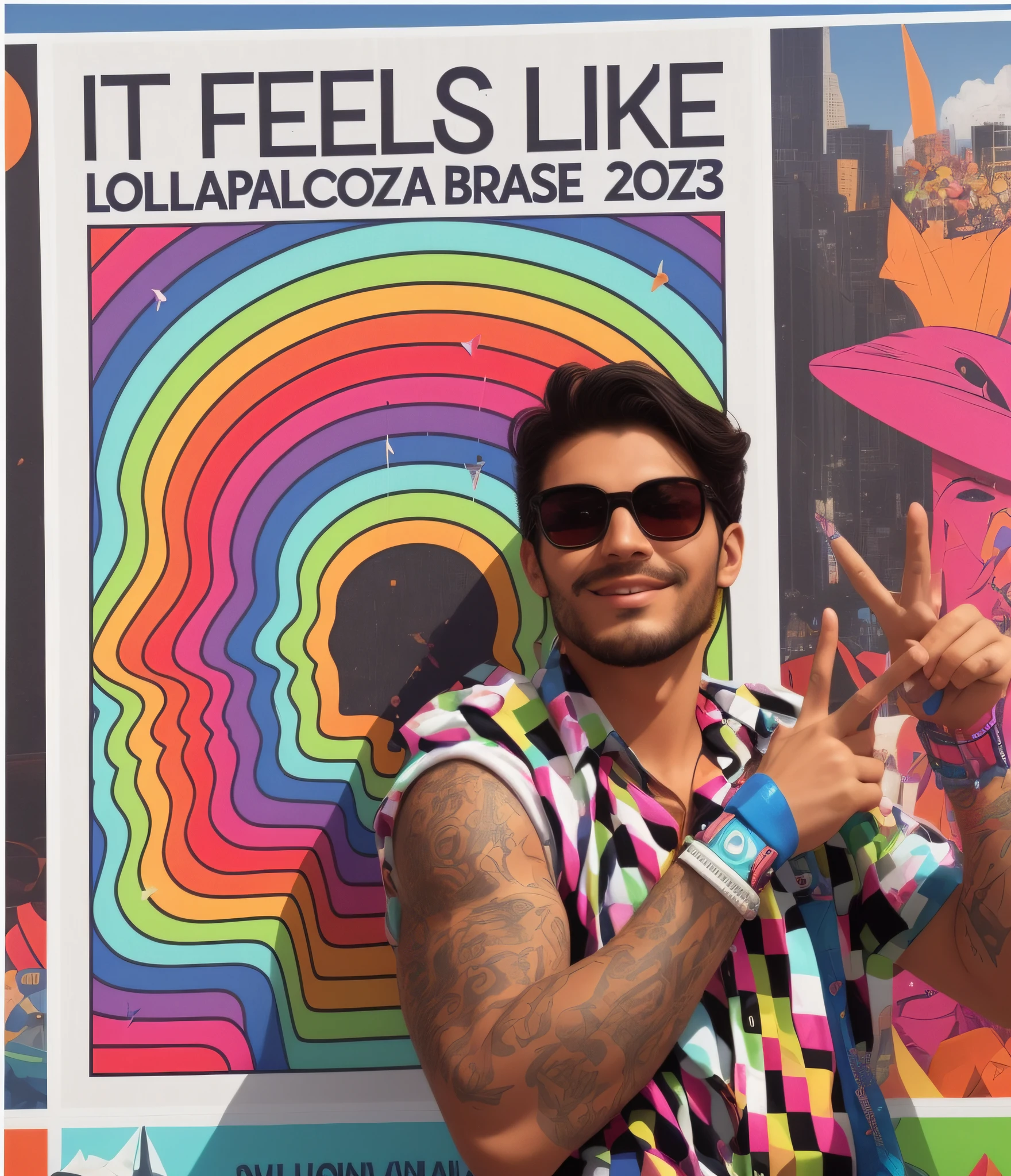 there is a man that is standing in front of a poster, alex yanes and lisa frank, maxwell boas, federico pelat, felipe pantone, lucas graziano, a person at a music festival, by Ludovit Fulla, okuda sam miguel, live at lollapalooza, inspired by Ludovit Fulla, festival vibes, by Amelia Peláez