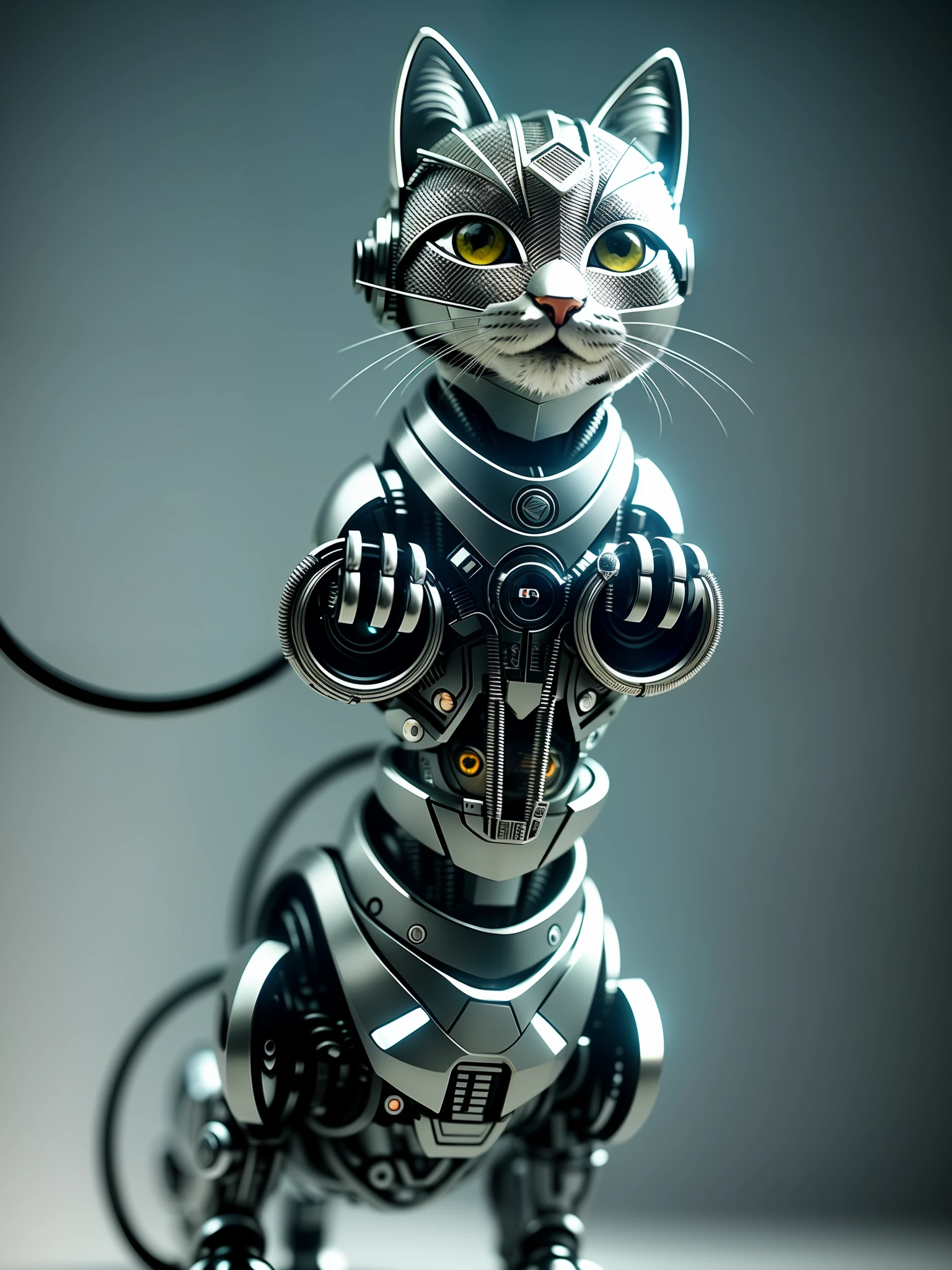 A cute kitten made of metal, (cyborg:1.1), ([tail|detailed wire]:1.3), (intricate detail), hdr, (intricate detail, hyperdetailed:1.2), cine footage, halo shadow, centered