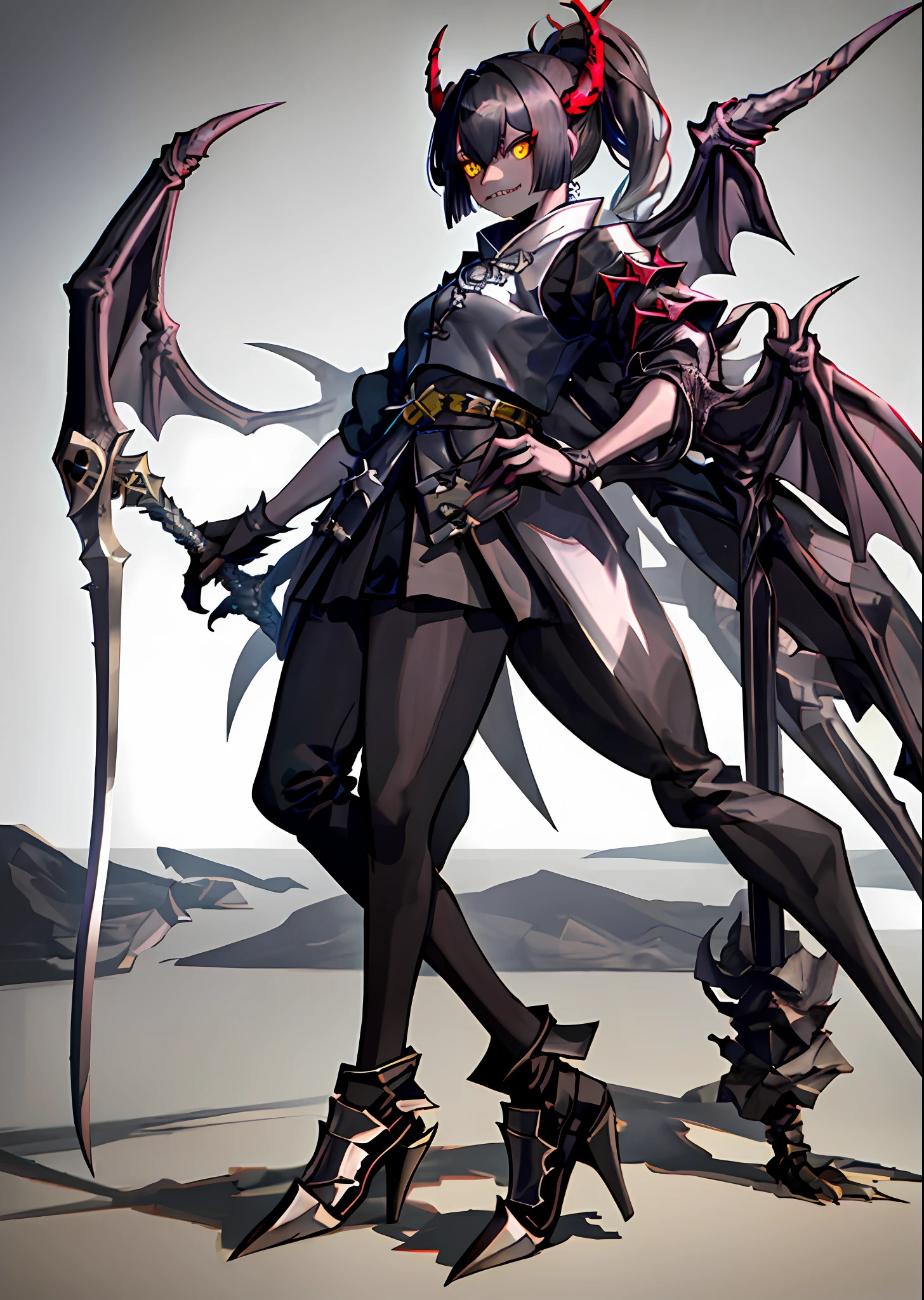1girl,monster girl,absurdres,(solo:1.8),(dragon+(demon:0.8)),
gradient background,
spikes,holding weapon,sword,
claws,wings,sharp teeth,horns, slit mouth, detailed eyes, black hair, yellow eyes, ponytail, black and red samurai armor, masterpiece, best quality