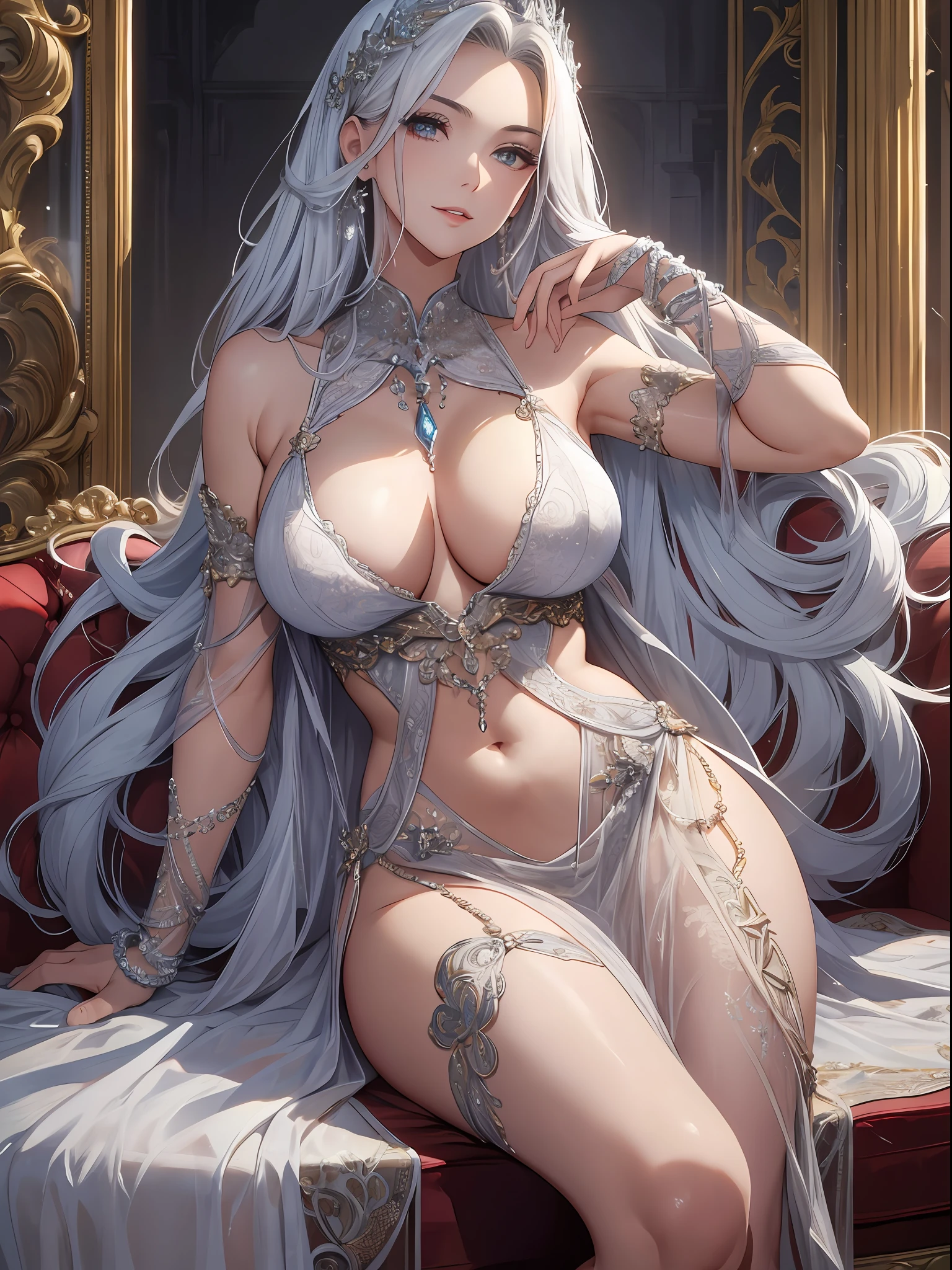 Full body shot, Perfect anatomy, sitting on a luxurious couch, Best quality, masterpiece, beautiful face, beautiful rich luxurious elegant mature lady, beautiful smile, expensive sleeveless silver dress, g-cup, long beautiful long hair, detailed eyes, beautiful eyes, thick thighs, perfect 2 legs, hyperdetailed face, complex, symmetrical face, sharp focus, perfect, textured, chiaroscuro, professional make-up, realistic, figure in frame, correct body, perfect biology, flawless
