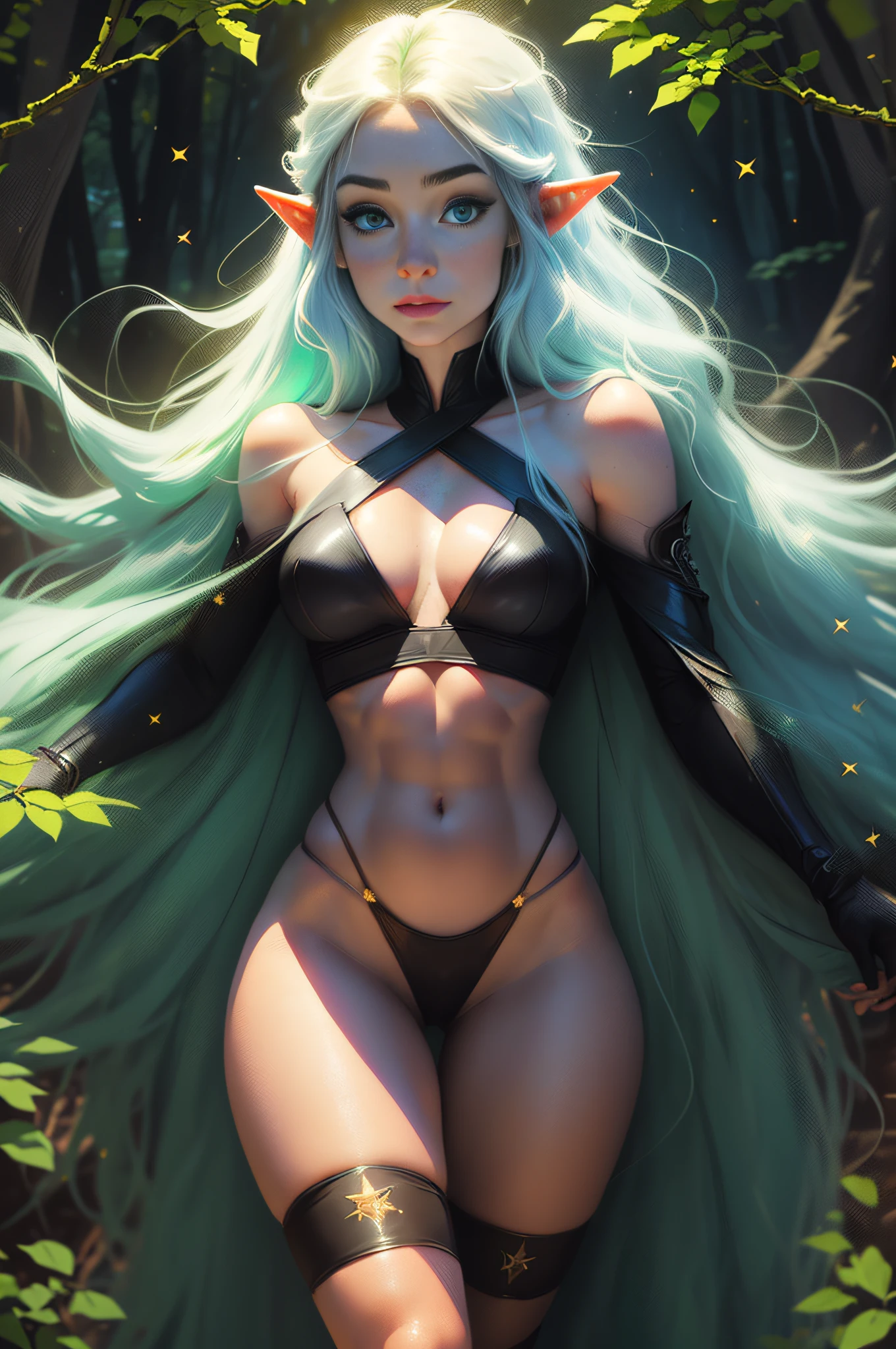 a portrait of a elf girl with freckles and bright striking blue eyes posing for a photo full body shot, bare shoulders, muscular, fit, defined abs, thongs, (prominent cameltoe) white freckles, long flowing green hair flying, glowing radiance, beautiful pale makeup, color portrait, stunning portrait, elegant freckles, wearing black thongs with glowing runes of power, black gloves, star-shine, gold dust spread across her skin and her face, (dark, hyper-realistic photos (((portrait))) refraction ,Dark background of magical night forest, deep woods, towering ruins, starlight skies