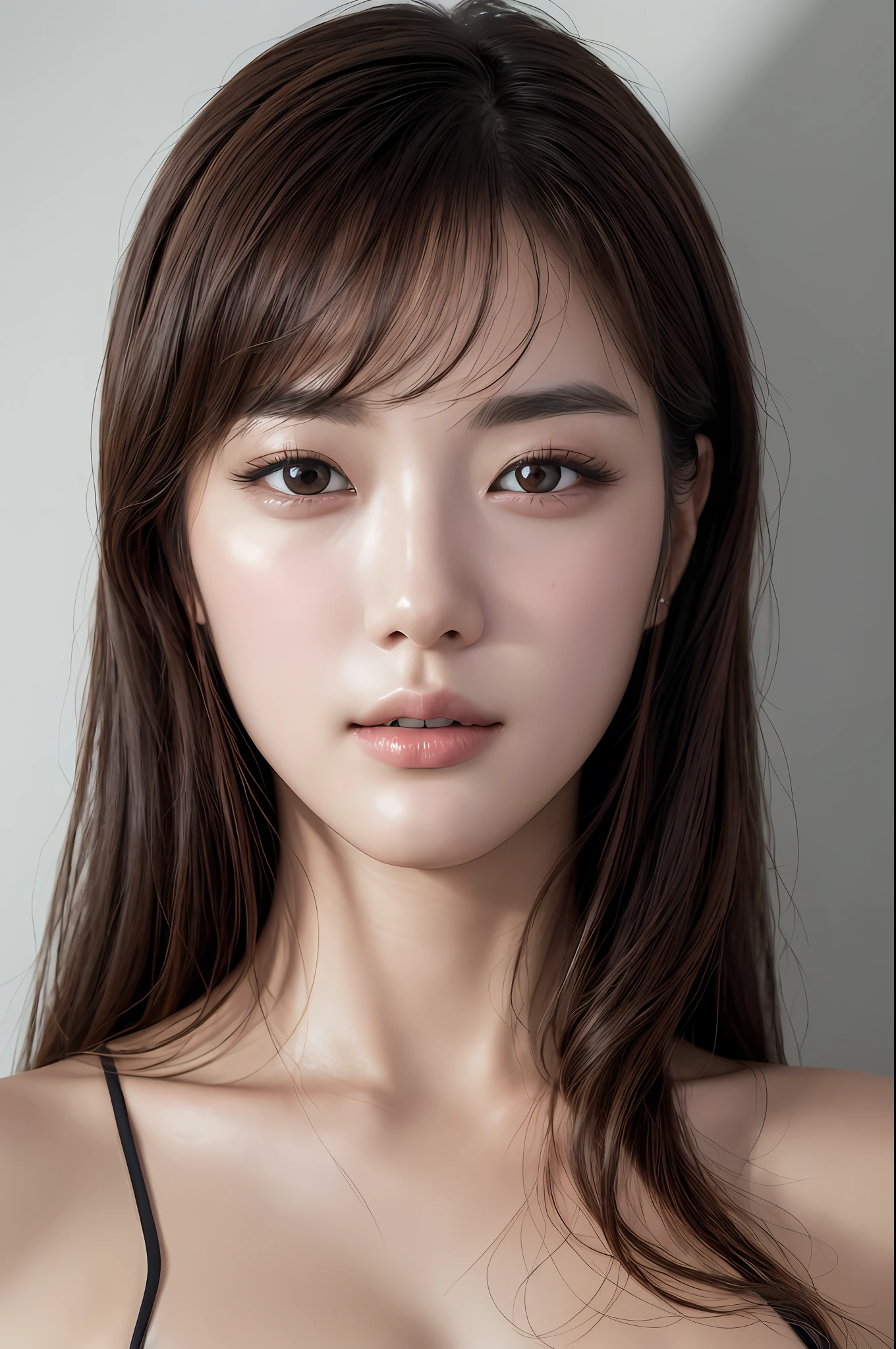 (masterpiece, best quality:1.2), (RAW photo, realistic, photorealistic:1.3), (8K, highres, ultra detailed:1.2), 1girl, (perfect anatomy), (focus on face, looking at viewer), (Korean beauty, K-pop idol), (detailed eyebrows, realistic beautiful eyes, realistic glossy skin, detailed beautiful handsome face:1.2), (slender, small breasts:1.3), bangs, (realistic cinematic lighting, detailed shadowing), hotel room