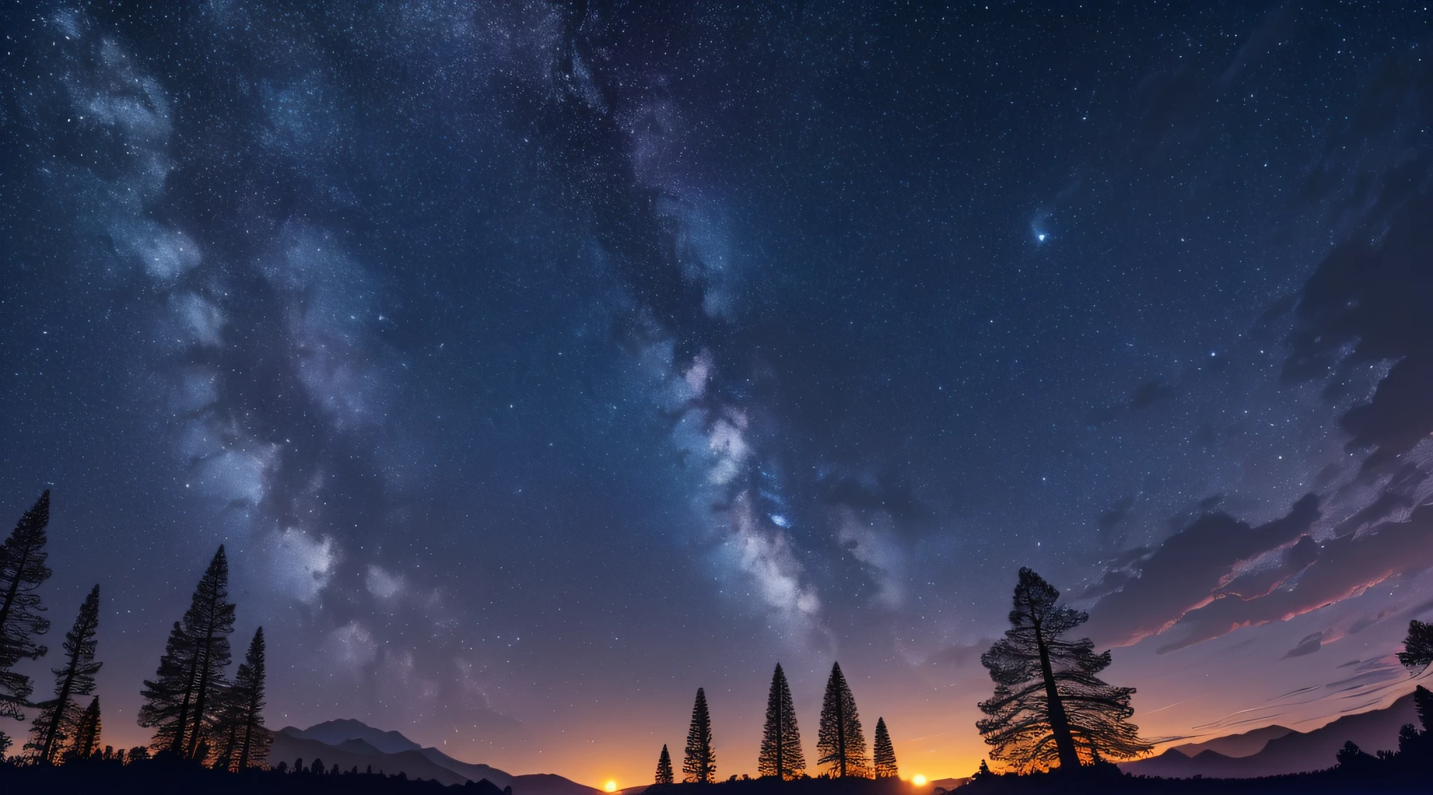 Expansive landscape photography, (view from below with a view of the sky and wilderness below), no humans, (full moon: 1.2), (shooting star: 0.9), (nebula: 1.3), distant mountains, tree break production art, (warm light source: 1.2), (fireflies: 1.2), lamps, purple and orange, intricate detail, volume lighting BREAK (masterpiece: 1.2), (highest quality), 4k, ultra detail, ( Dynamic Composition: 1.4), Highly Detailed and Colorful Detail (Iridescent: 1.2), (Shining Lighting, Atmospheric Lighting), Dreamy, Magical, (Solo: 1.2) --auto --s2