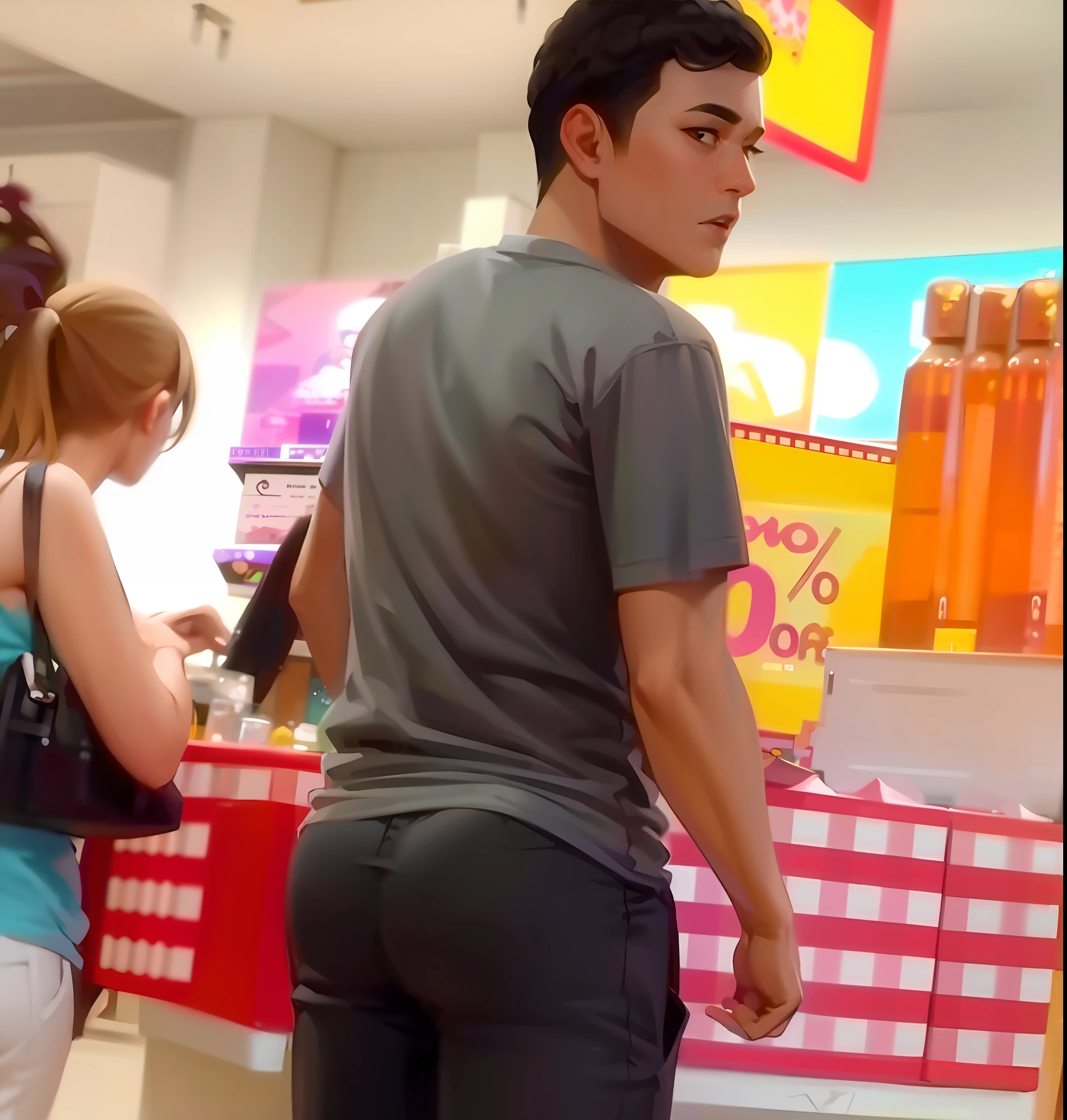 30 years old American handsome, his back is turned, somewhat bent over, shapely derriere, hunched over, with his back turned, wearing only pants, mid-shot of a hunky, shapely toned derriere