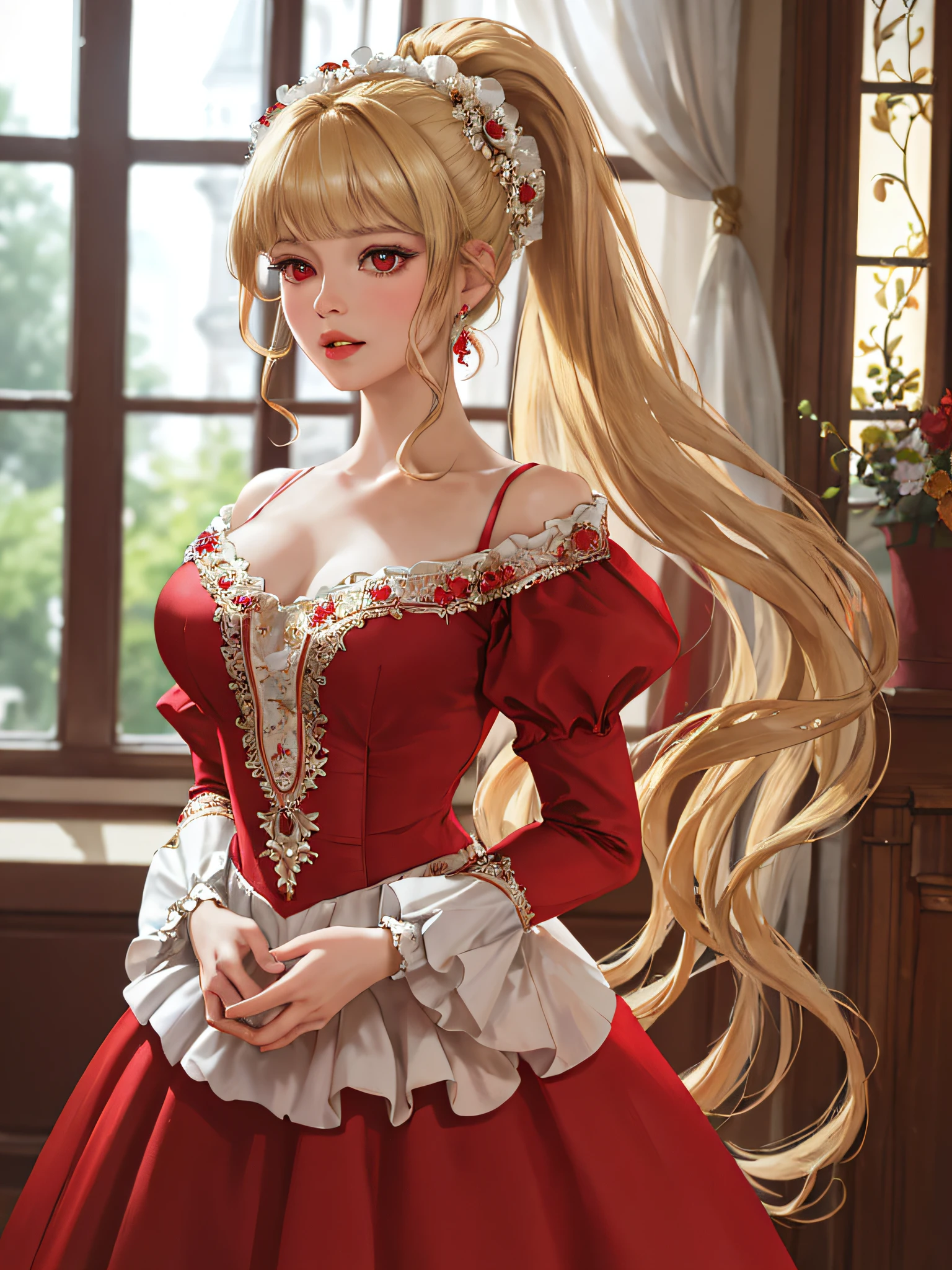 a beautiful lady in red dress standing in a room looking at the viewer, (Best Quality, Masterpiece:1.4), (photorealism:1.2), (Absurdres:1.2), 8K, HDR, Detailed Face, octane render, (Hyper-Detailed Eyes:1.2), (Very Long Dull Blonde High Ponytail:1.4), (half updo:1.0), (Blunt Bangs:1.2), (Red Eyes:1.4), (Tsurime:1.4), (Puffy Lips:1.4), (Large Breasts:1.2), (Off Shoulder Red Gown:1.4), (Puffy Skirt:1.4), wonderful detailed ornaments on gown, (Puffy Juliet Sleeves:1.4), Jewelry, Indoors environment with Renaissance interior and Vintage Windows, a beautiful garden with variety of flowers is right outside the window, canon 50mm, cinematic lightings, depth of field, face focus,