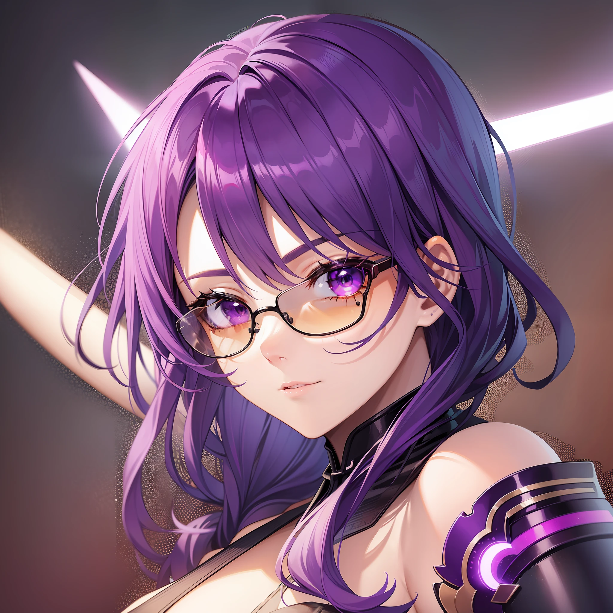 raiden shougn, purple hair, purple eyes, a girl wearing trendy orange sunglasses , with an orange background, portrait