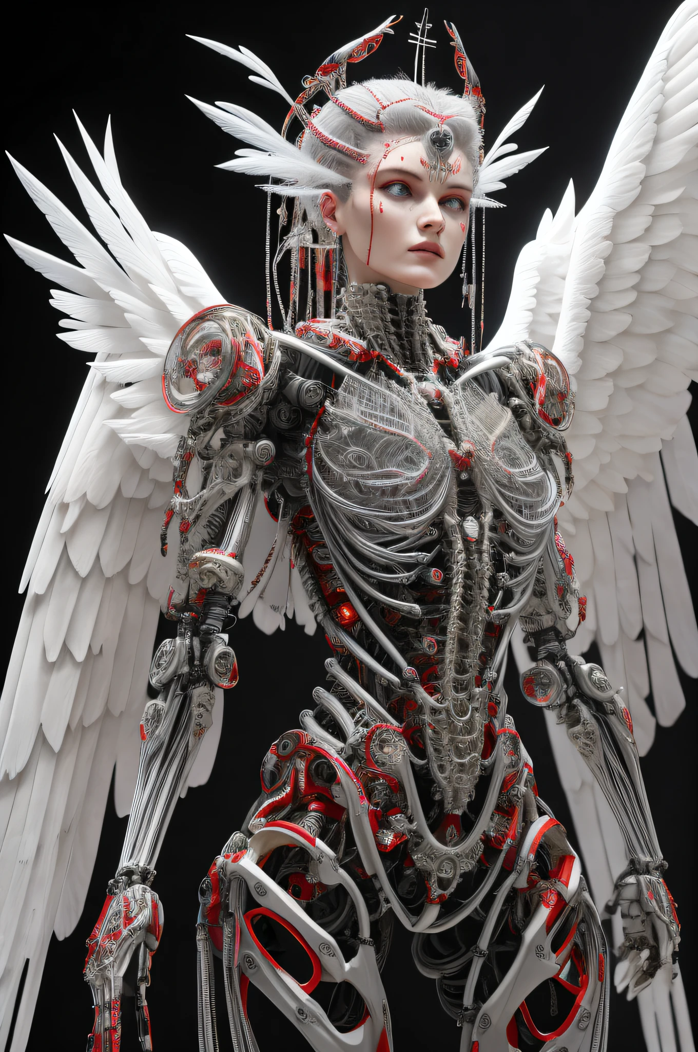 Complex 3d rendering ultra-detailed beautiful angel of death, biomechanical robot, simulated 150mm shot, beautiful natural soft edge light, crystal feathers, roots, delicate leaf lace, colorful details, Boris Bidjan Saberi clothing, pearl earrings, piercings, Art Nouveau fashion embroidery, intricate details, mesh threads, mandelbro fractals, facial muscles, cable wires, microchips, badasses, surreal, ultra-detailed, octane rendering, volumetric lighting, 8k post-production, Red and white with a touch of black, metallic skeleton details, half-human, rainbow colors, Glenn Brown style, futuristic room, power of God, high angle shooting, complex body poses