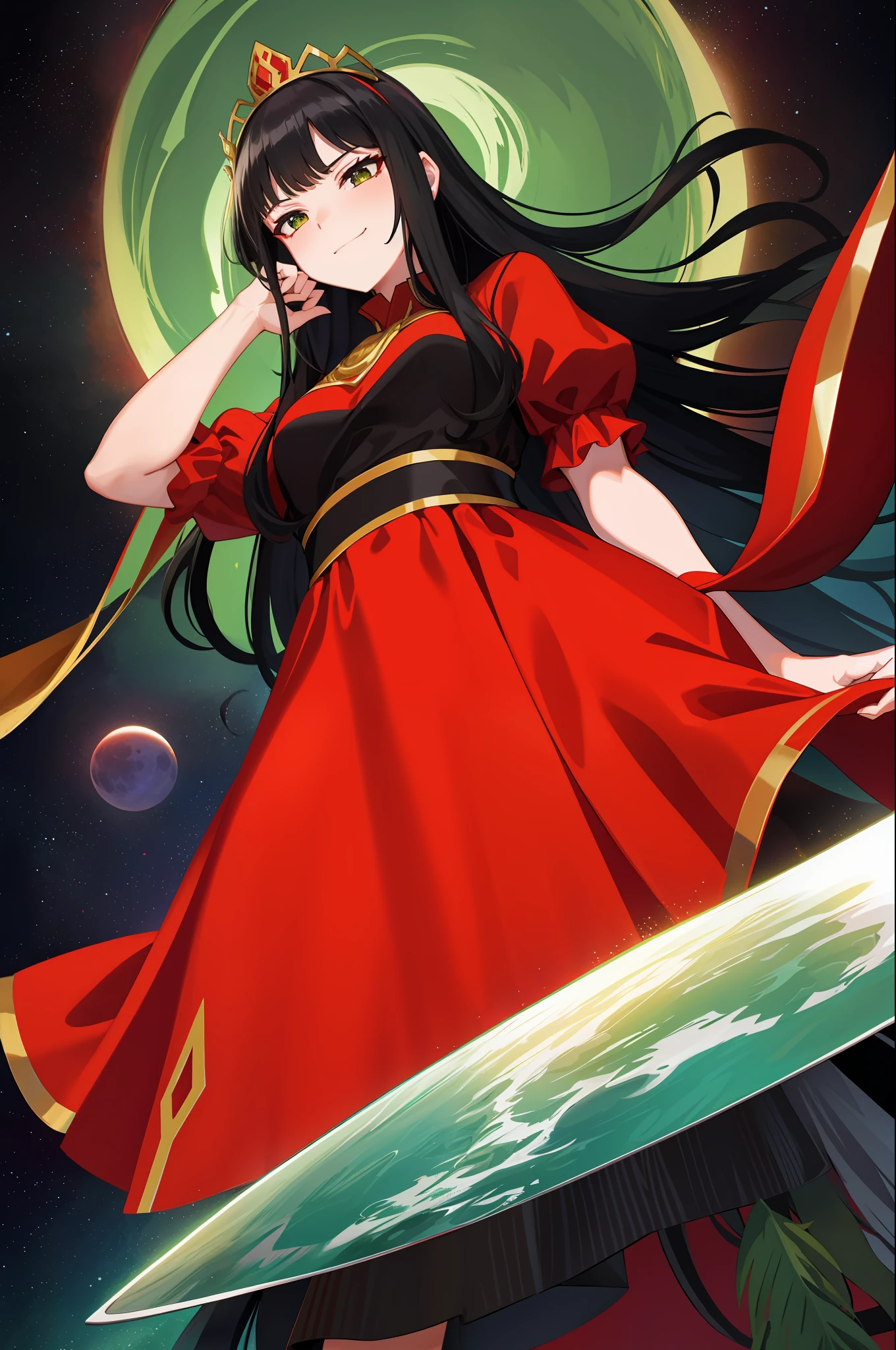 GTSSPACE, looming, black hair, long hair, red dress, queen, green eyes, smug