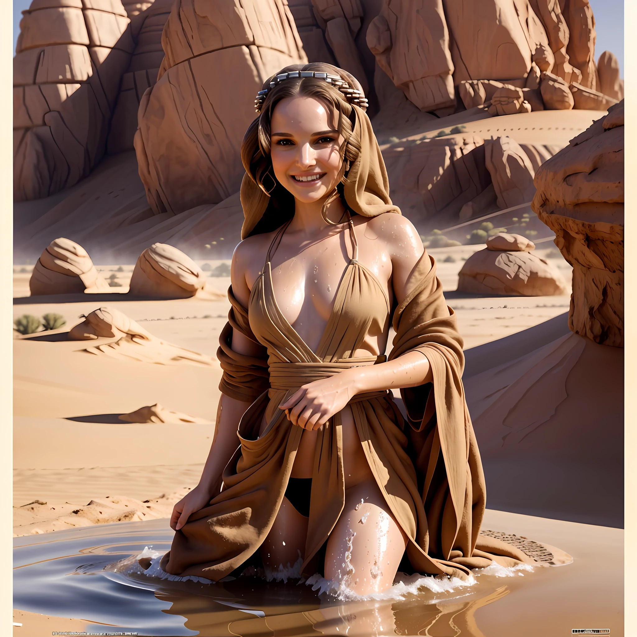 Natalie Portman playing Padmé Amidala, desert rocky terrain on Tatooine, dripping sweat from heat, movie look, brown cloth robe, standing figure wiping sweat while looking at the front, whole body from head to knee below, smiling and smiling, 8k high image quality, photorealistic, bathing in water