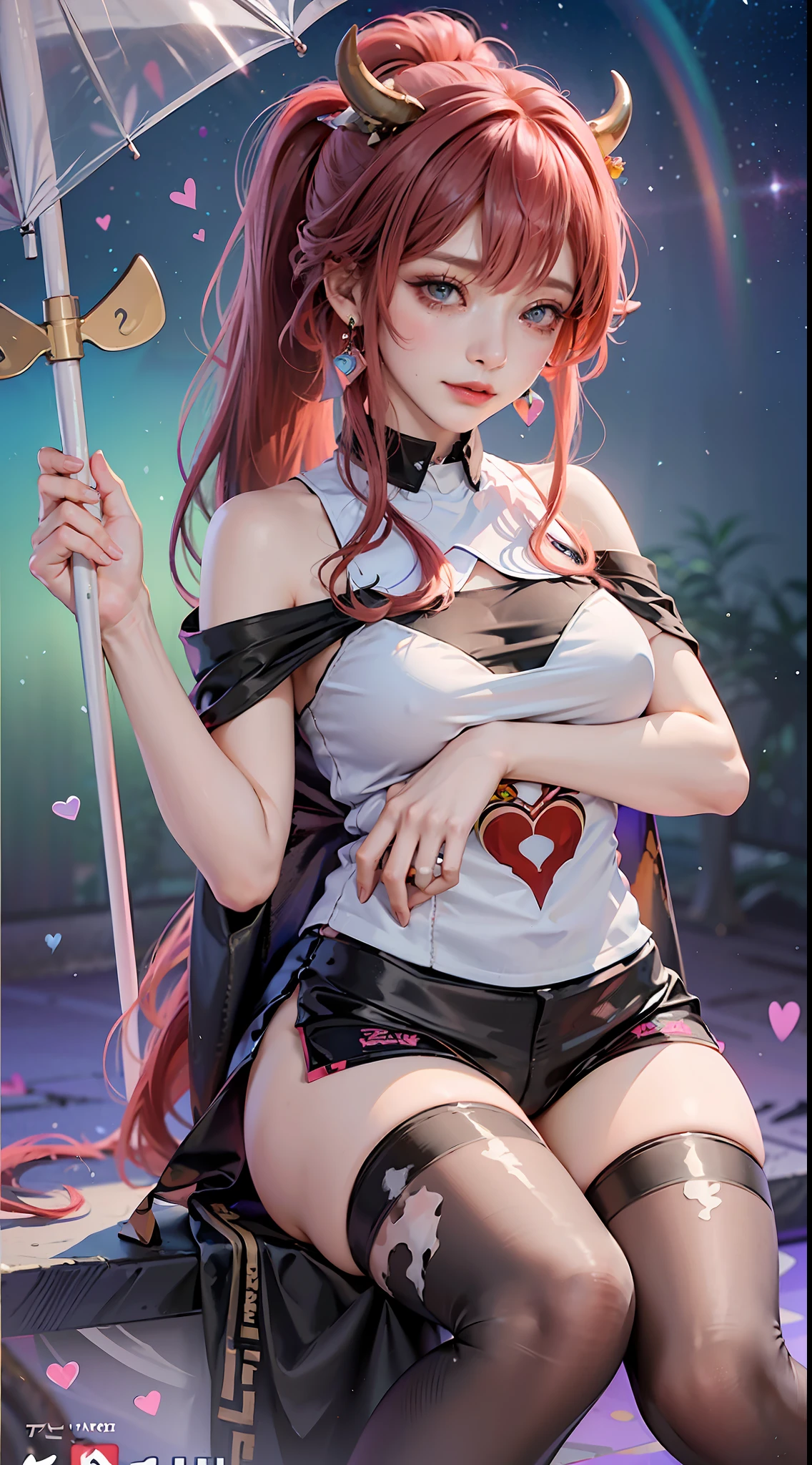 masterpiece, absurdres, Panorama, exquisite facial features, prefect face, shiny skin, (((bunny girl))), solo, (((bar censor))), (thick lips), (((blush))), (scared), (((nose blush))), (light smile), ((long hair)), ((red hair)), (blue hair), (rainbow-like hair), (((high ponytail))), (((heart hair ornament))), (choker), (metal collar), (drop earrings), (sapphire brooch), (((mini crown))), (((T-shirt))), (((transparent clothes))), (((black leggings))), wet clothes, ((cape)), (leaning forward), (holding cup), (((bar))), (((genshin impact))), (((short shorts))), (((cow horns))), ((((hugging own legs)))), cat pose, holding book, holding wand, holding umbrella, holding flower, object hug, holding heart, indoor, gym, laboratory, library, stars, universe, azur lane, dreamlike, opal render, ((4koma)), (album cover)
