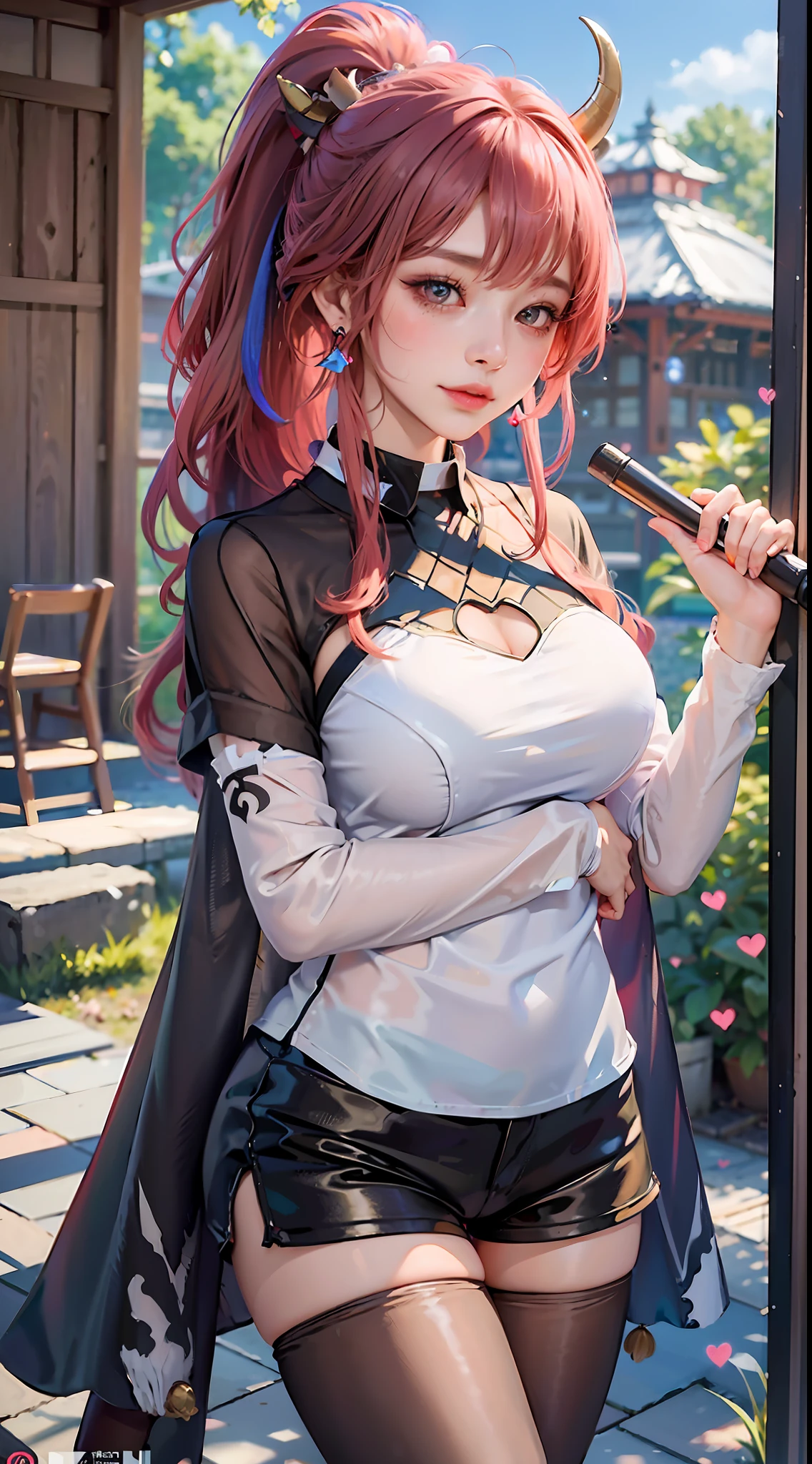 masterpiece, absurdres, Panorama, exquisite facial features, prefect face, shiny skin, (((bunny girl))), solo, (((bar censor))), (thick lips), (((blush))), (scared), (((nose blush))), (light smile), ((long hair)), ((red hair)), (blue hair), (rainbow-like hair), (((high ponytail))), (((heart hair ornament))), (choker), (metal collar), (drop earrings), (sapphire brooch), (((mini crown))), (((T-shirt))), (((transparent clothes))), (((black leggings))), wet clothes, ((cape)), (leaning forward), (holding cup), (((bar))), (((genshin impact))), (((short shorts))), (((cow horns))), ((((hugging own legs)))), cat pose, holding book, holding wand, holding umbrella, holding flower, object hug, holding heart, indoor, gym, laboratory, library, stars, universe, azur lane, dreamlike, opal render, ((4koma)), (album cover)