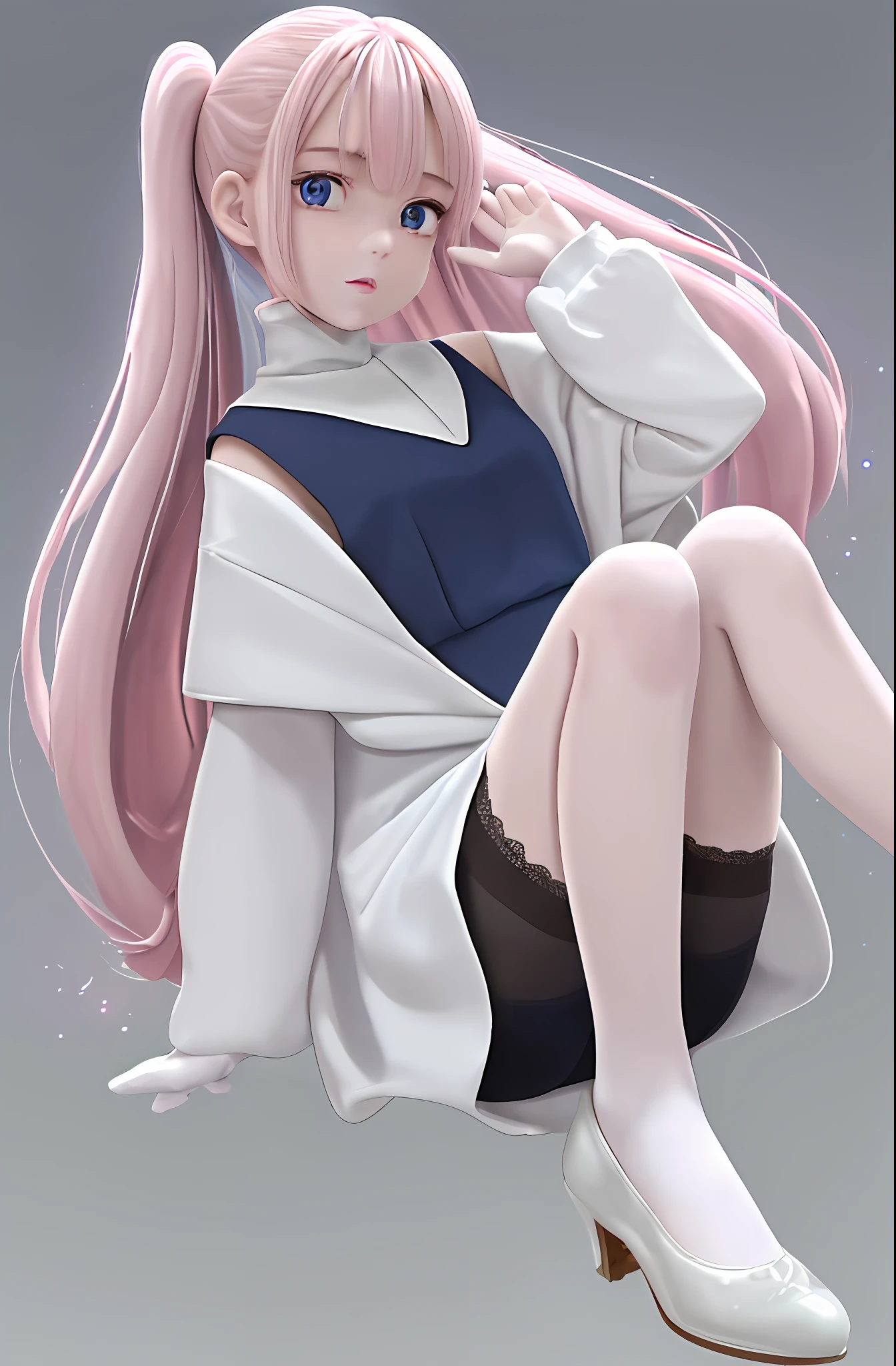 Girl child long pink hair up to foot, dark strong blue eye, navy blue short dress turtleneck and long sleeve,white lace short/panties,white pantyhose,yellow shoe/doll shoe,childish body, skinny,gleaming white skin, floating in outer space all starry with bright white stars,her huge hair is fluttering,she has small pink lips, rosy cheeks, small pink nose,wears white gloves,her skin is very white,her short flowing dress,her big eyes bright dark strong blue