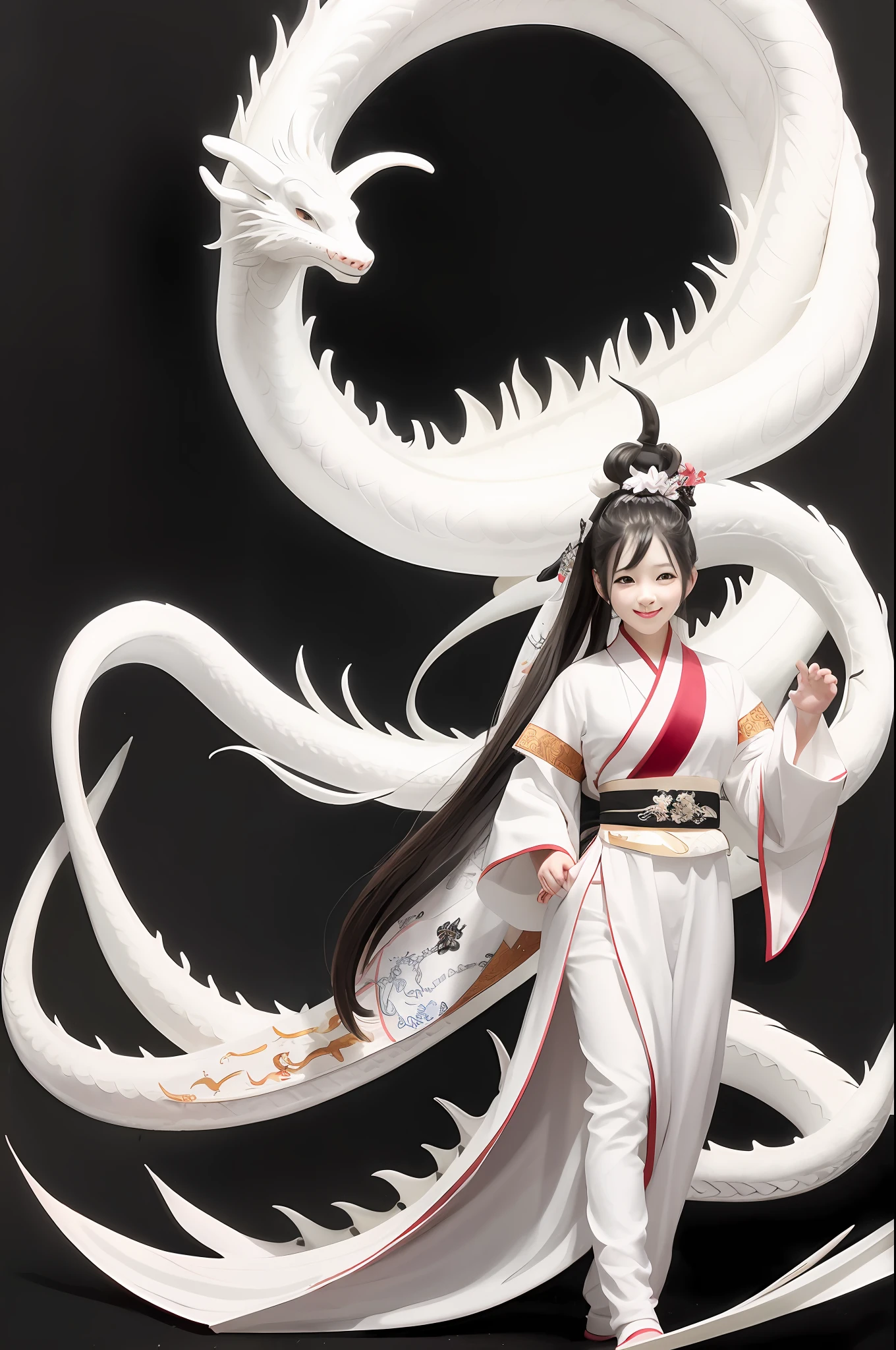 negative space, shuimobysim, masterpiece, best quality:1.2), traditional chinese ink painting, 
peaceful, (smile), looking at viewer, wearing long hanfu, white hanfu, 
A white dragon with hudge dragon head, A chinese dragon surrounded,