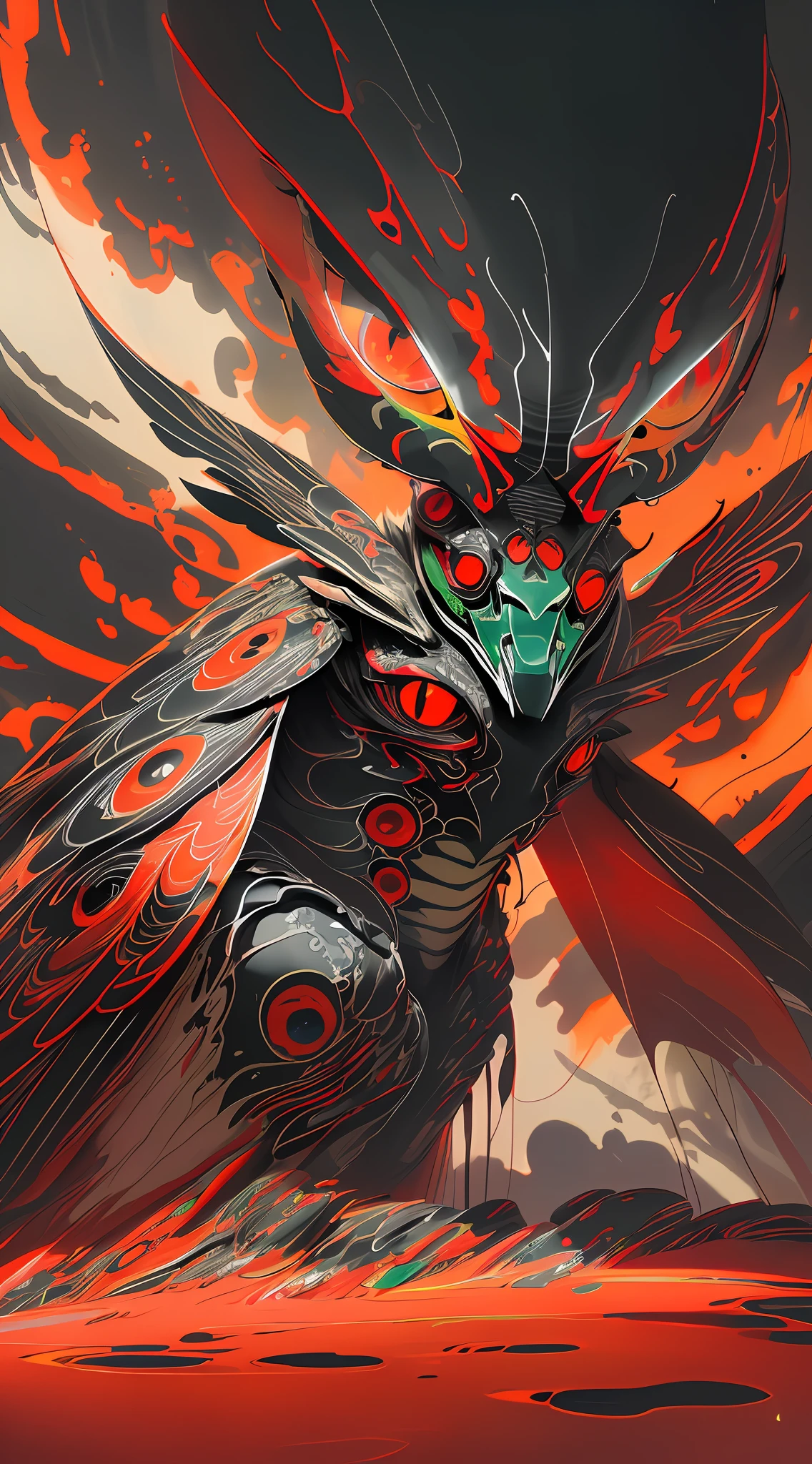 A powerful insecttoid deity with large, red eyes, resembling a Praying Mantis, red scratch, (((inkblots)), ((colored inkblots)), mystical colors, rim light, ((dramatic and dark lighting)), 8k, dazzling scene, raytracing, octane, trend in artstation