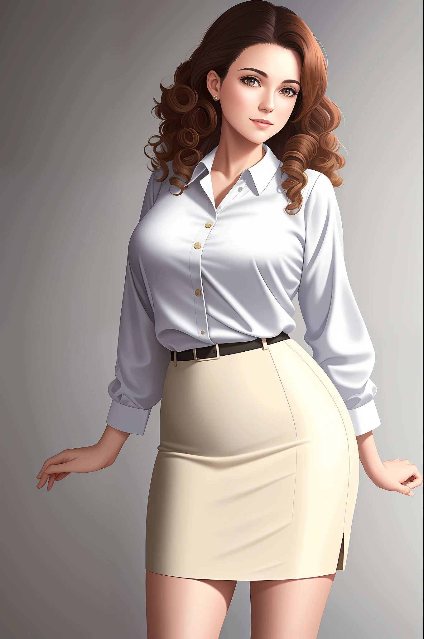 a woman in office lady outfit poses for a picture in a studio setting with a neutral background and a neutral backdrop, curly brown hair, white blouse, tan skirt, ultra realistic digital art, a character portrait, photorealism, full body