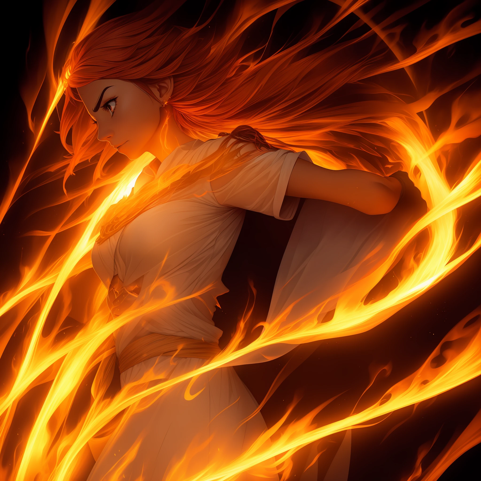 His countenance displays an expression of deep regret and despair. The eyes, shining with an incandescent golden hue, convey an inconsolable sadness and an inexpressible pain. The flames that envelop her flutter and seem to writhe in agony, as if absorbing her inner affliction.
The rippling flames reflect the emotional turmoil the woman goes through. The heat that emanates from her is both physical and metaphorical, as if her inner despair manifests itself in burning energy. The colors that dance in the fire vary between vibrant reds, bright oranges, and incandescent yellows, each shade representing different layers of suffering.
Despite her fragile emotional state, the woman radiates an aura of strength and resilience. It continues to burn, even in the deepest darkness, like a flame that refuses to be extinguished. Through her anguish, she emanates a tragic beauty, evoking a sense of wonder mixed with compassion.
The image of this woman in flaming flames, immersed in grief and despair, is a powerful representation of a soul afflicted by pain but finding the courage to persist even in the darkest of circumstances. She is a figure who evokes empathy and a deep reflection on human nature and the ability to overcome adversity