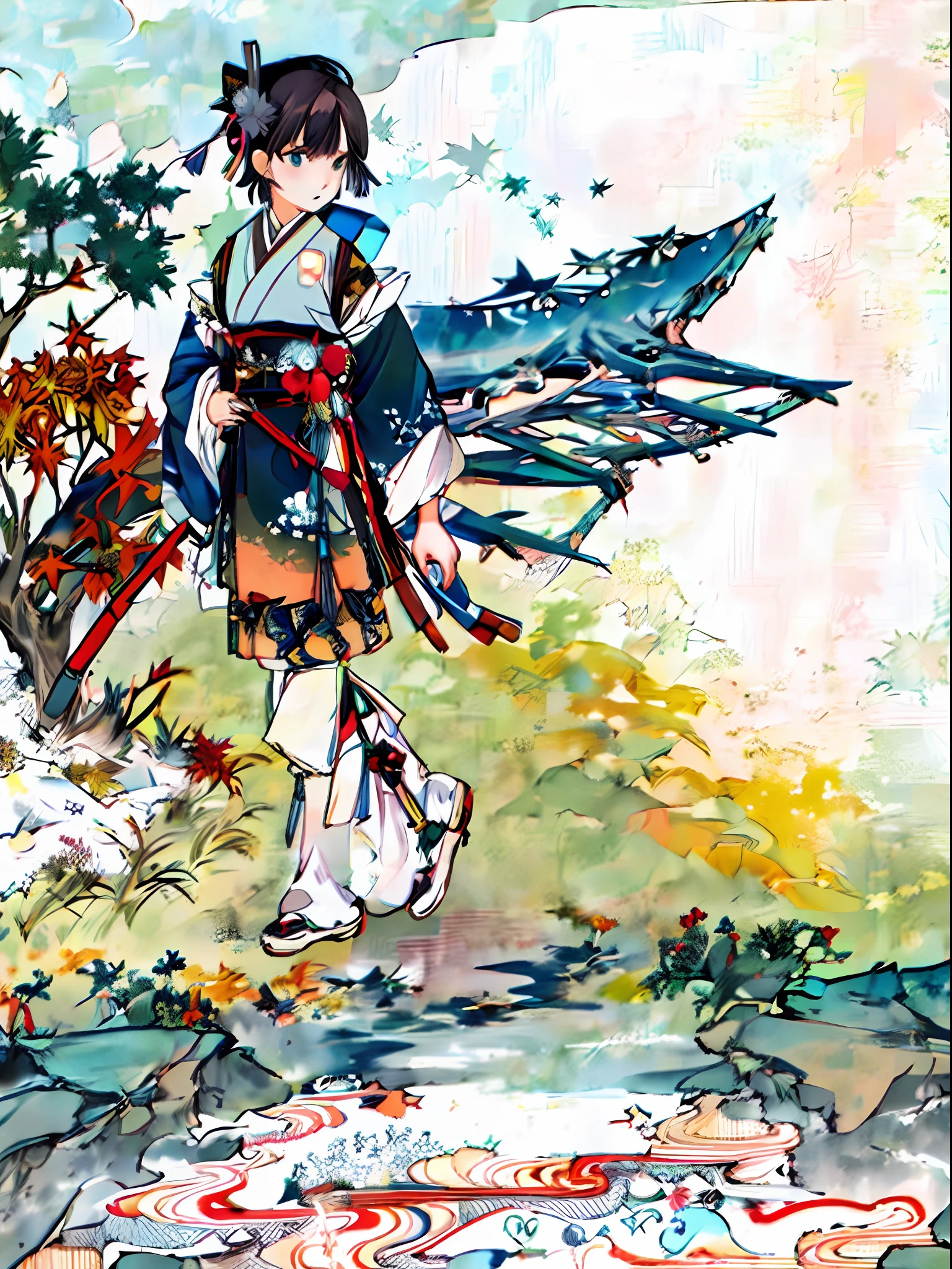 clean background,1 girl,28 years old,katana,wimd,maple leaf,blue and green ink,close shot,from front,