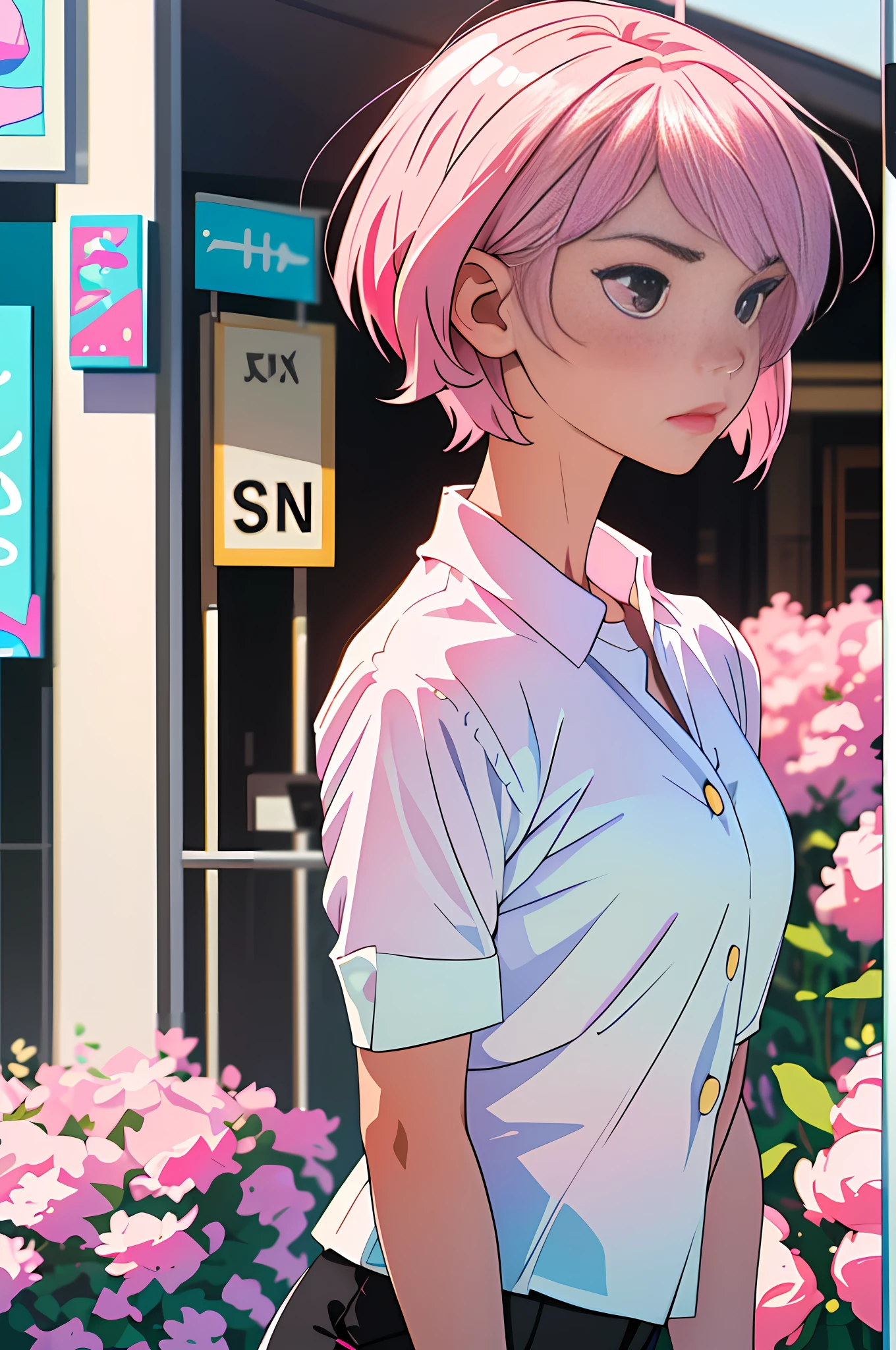 (Best Quality Masterpiece), 1girl, blurred background, upper body, contemporary, girl with pastel pink and short hair, white shirt and black shorts, (black eyes 1.5)