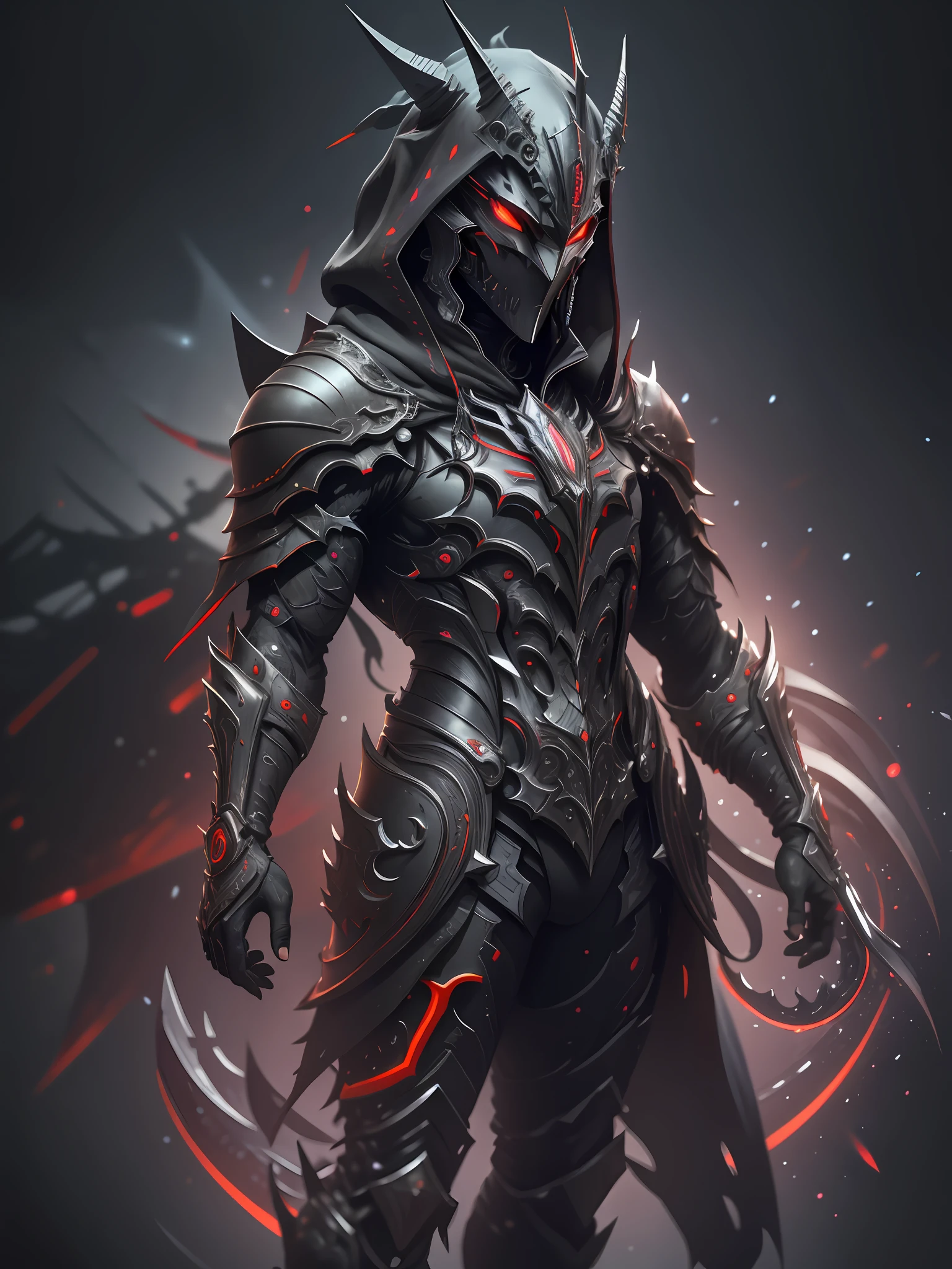 full body hyper realistic black purple hooded sharp ornate man waring mask, red neon, dark, night, extra details, Many details, front view, (night:2) background, full body, full body, all body, front view, wide angle, ultra details, ultra resolution, ultra quality, unreal engine 5, cinematic lighting, depth of field, head out of frame, out of frame, feet out of frame, super detail, 16k, high quality, award winning, best quality, textured skin, high details, super detail