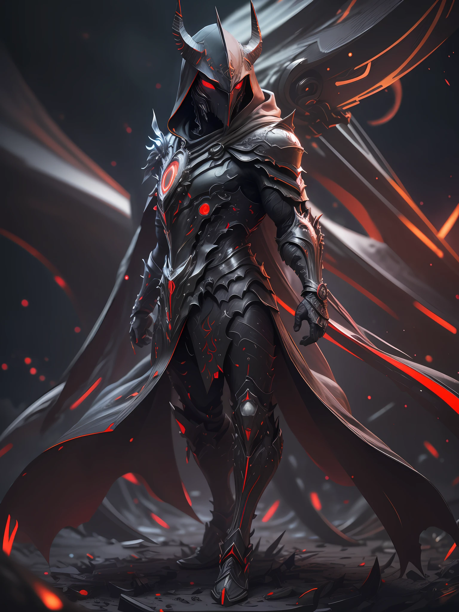 full body hyper realistic black purple hooded sharp ornate man waring mask, red neon, dark, night, extra details, Many details, front view, (night:2) background, full body, full body, all body, front view, wide angle, ultra details, ultra resolution, ultra quality, unreal engine 5, cinematic lighting, depth of field, head out of frame, out of frame, feet out of frame, super detail, 16k, high quality, award winning, best quality, textured skin, high details, super detail