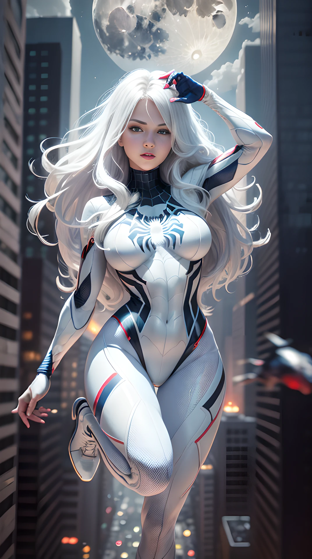 (Masterpiece, 4k resolution, ultra-realistic, very detailed), (White superhero theme, charismatic, there's a girl on top of town, wearing Spider-Man costume, she's a superhero), [ ((25 years), (long white hair:1.2), full body, (blue eyes:1.2), ((Spider-Man pose),show of strength, jumping from one building to another), ((sandy urban environment):0.8)| (cityscape, at night, dynamic lights), (full moon))] # Explanation: The Prompt mainly describes a 4K painting of ultra-high definition, very realistic, very detailed. It shows a superheroine at the top of the city, wearing a Spider-Man costume. The theme in the painting is a white superhero theme, the female protagonist has long white hair, is 25 years old and her entire body is shown in the painting. In terms of portraying the actions of superheroines, spiders are employed